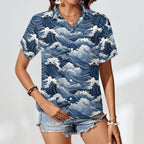 Japanese Waves Women's Short-Sleeve Button Up Shirt Women's Short-Sleeve Button Up Shirt Ocean Printed Offshore