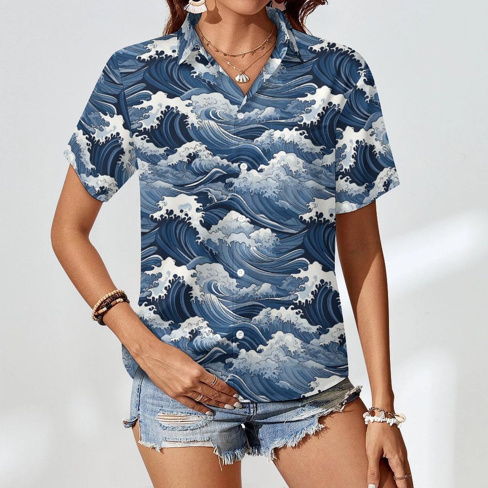Japanese Waves Women's Short-Sleeve Button Up Shirt Women's Short-Sleeve Button Up Shirt Ocean Printed Offshore