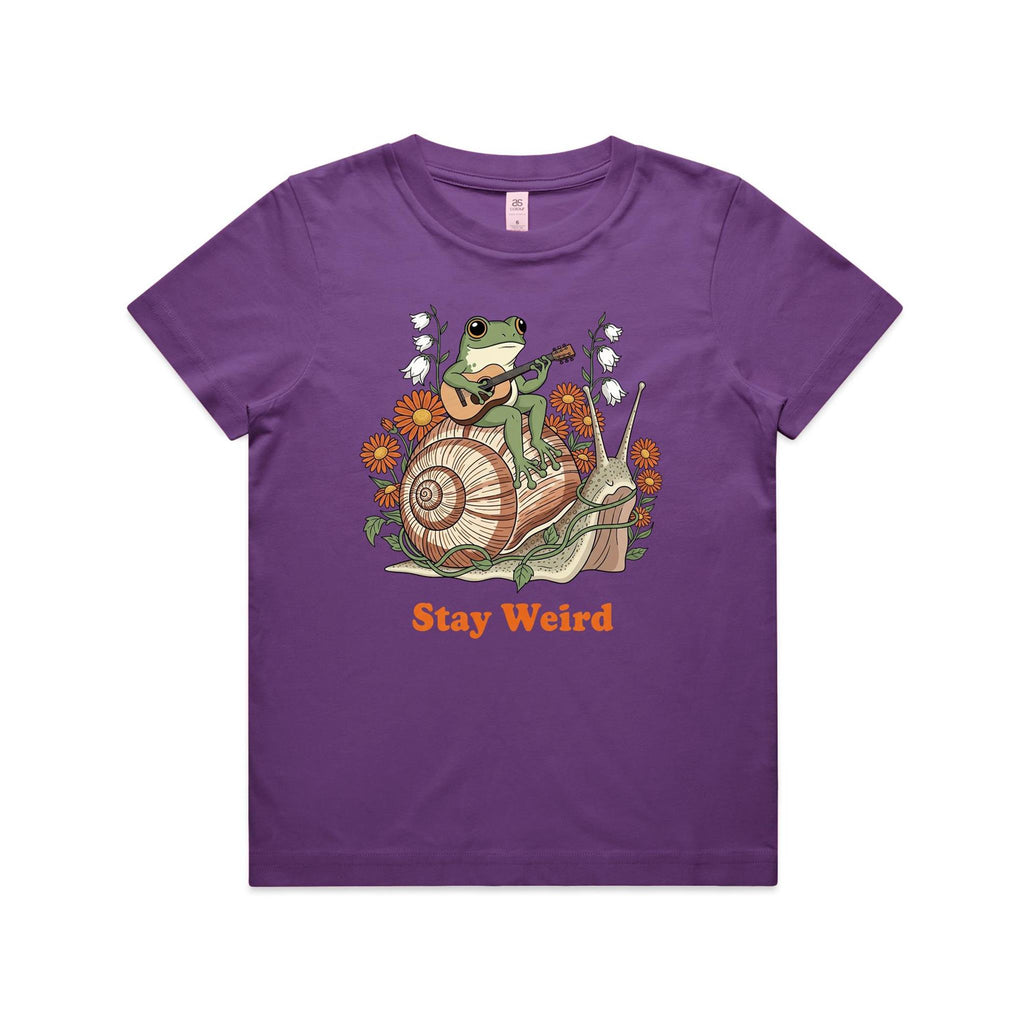 Stay Weird, Guitar Playing Frog On A Snail Kid's AS Colour T-shirt Purple Kids Youth T-shirt animal Music Printed In Australia