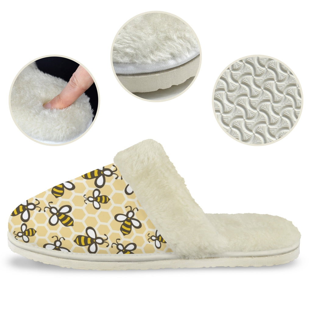 Bees Women's Fur Trim Thick-Sole Indoor Slippers Women's Fur Trimmed Slippers animal Printed Offshore