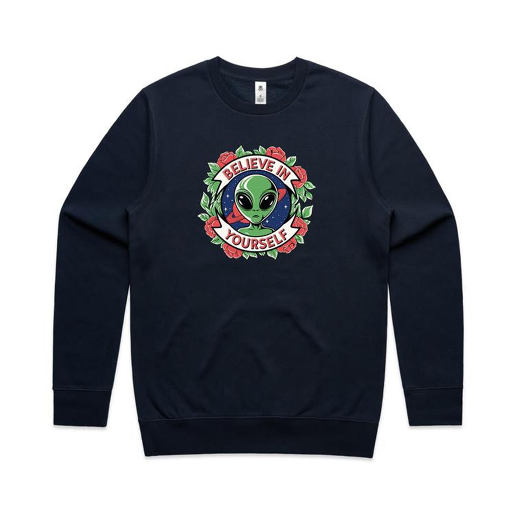 Believe In Yourself, Alien - AS Colour Stencil Crew Navy Sweatshirt Motivation Positivity Printed In Australia Sci Fi