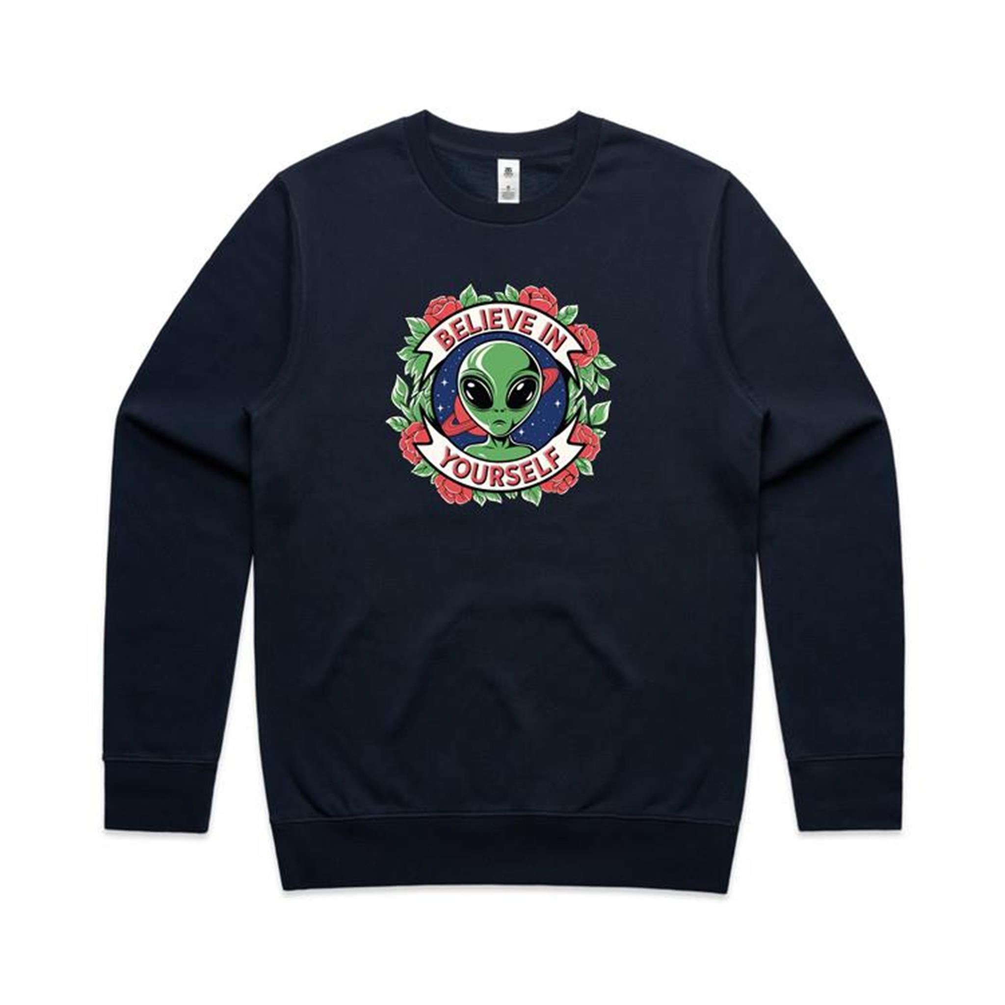 Believe In Yourself, Alien - AS Colour Stencil Crew Navy Sweatshirt Motivation Positivity Printed In Australia Sci Fi