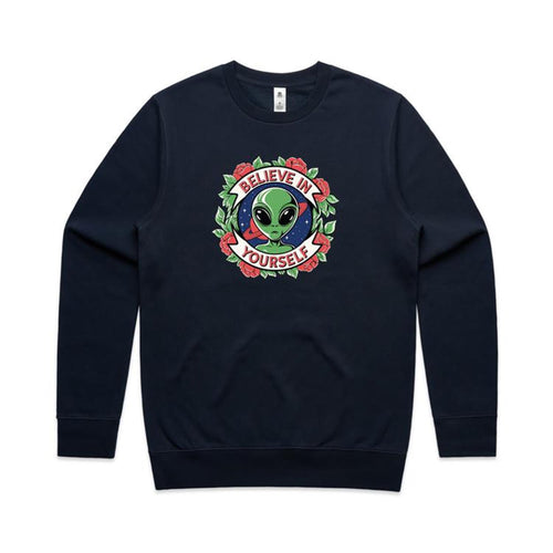 Believe In Yourself, Alien - AS Colour Stencil Crew Navy Sweatshirt Motivation Positivity Printed In Australia Sci Fi