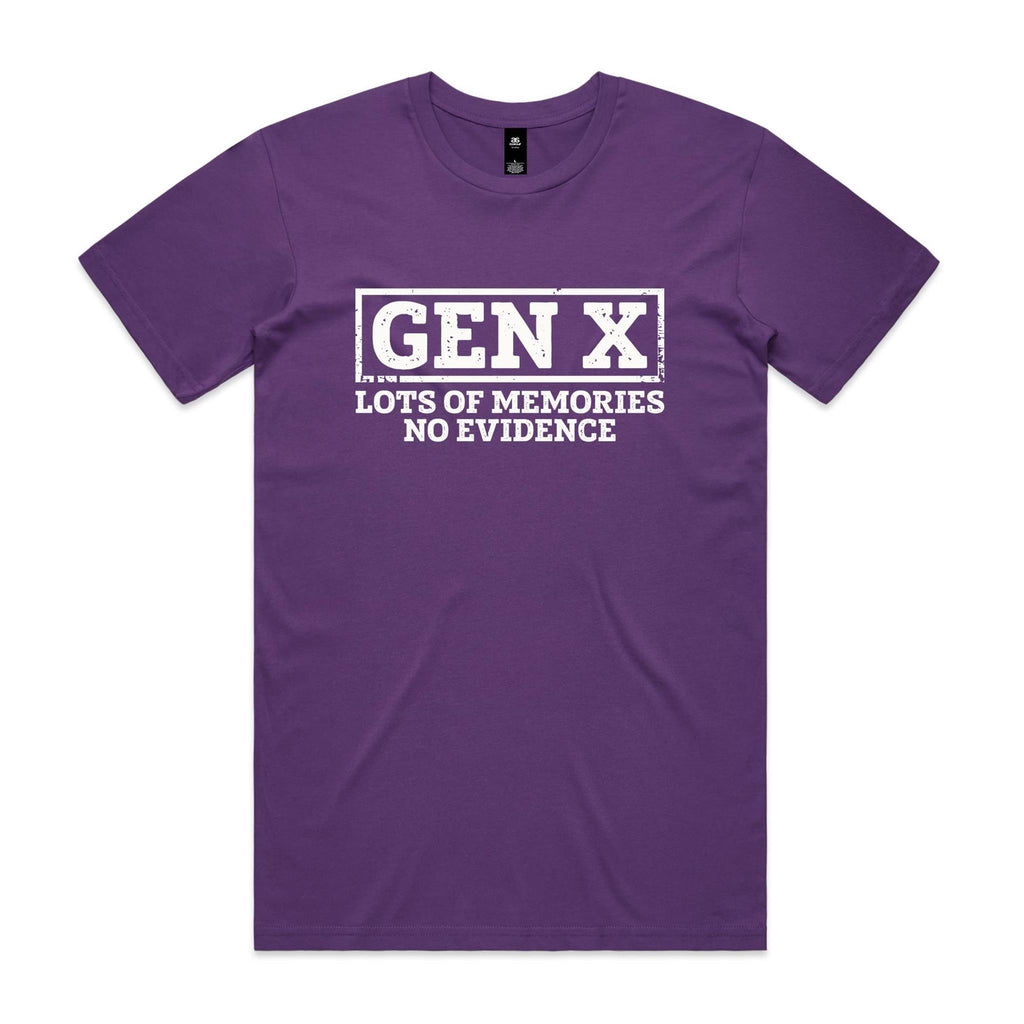 Gen X, Lots Of Memories, No Evidence Men's AS Colour T-shirt Purple Mens T-shirt Printed In Australia