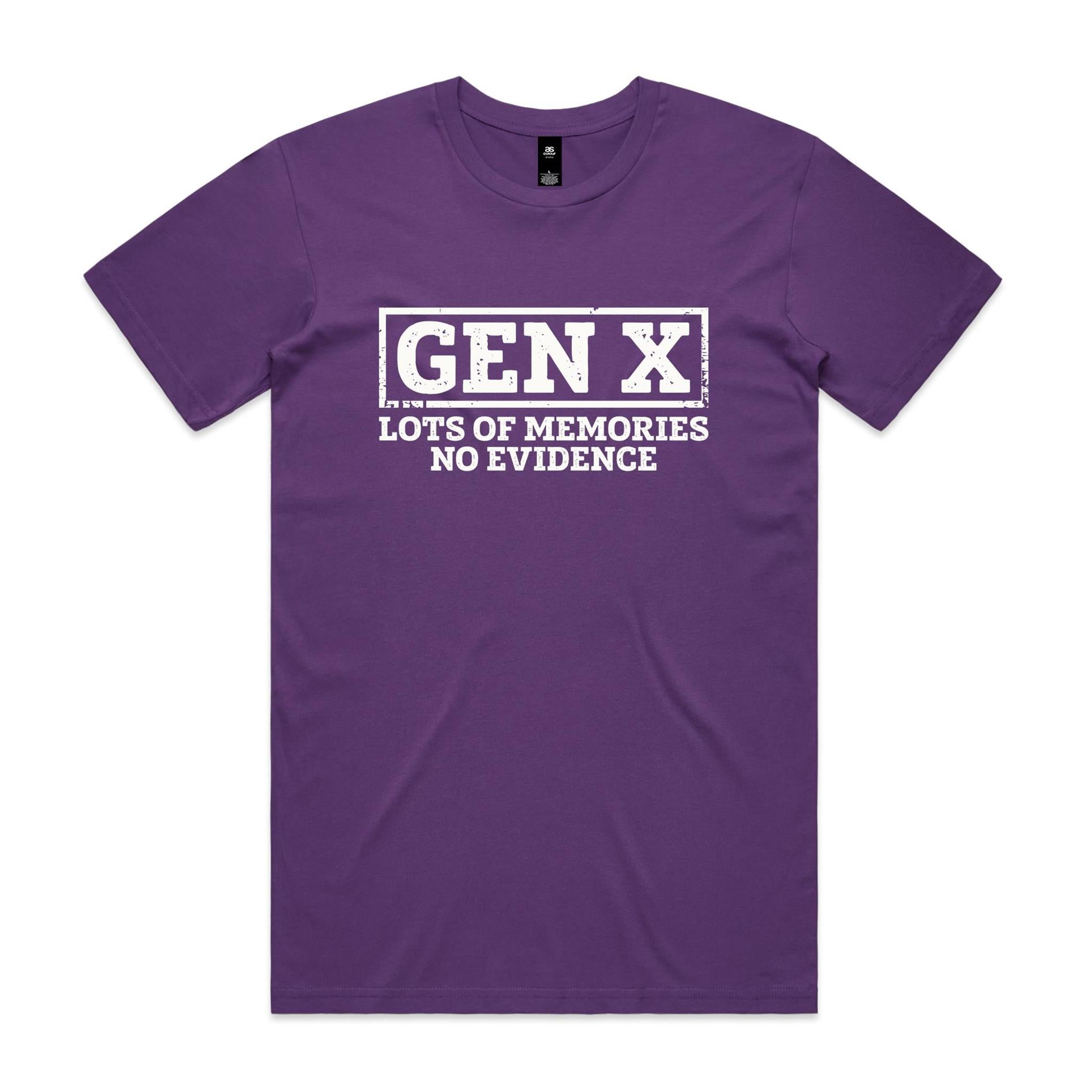 Gen X, Lots Of Memories, No Evidence - Men's AS Colour T-shirt Purple Mens T-shirt Printed In Australia
