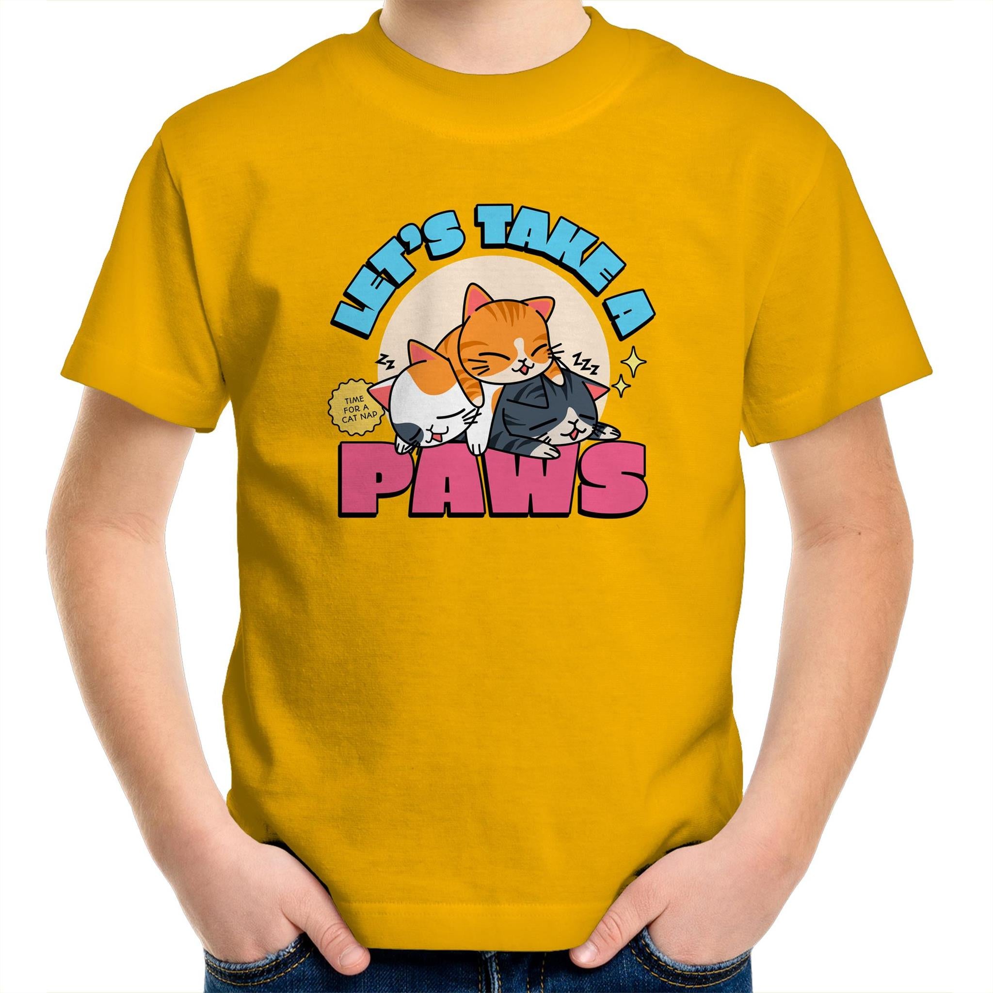Let's Take A Paws, Cats - Kids Youth T-Shirt Gold Kids Youth T-shirt animal Printed In Australia