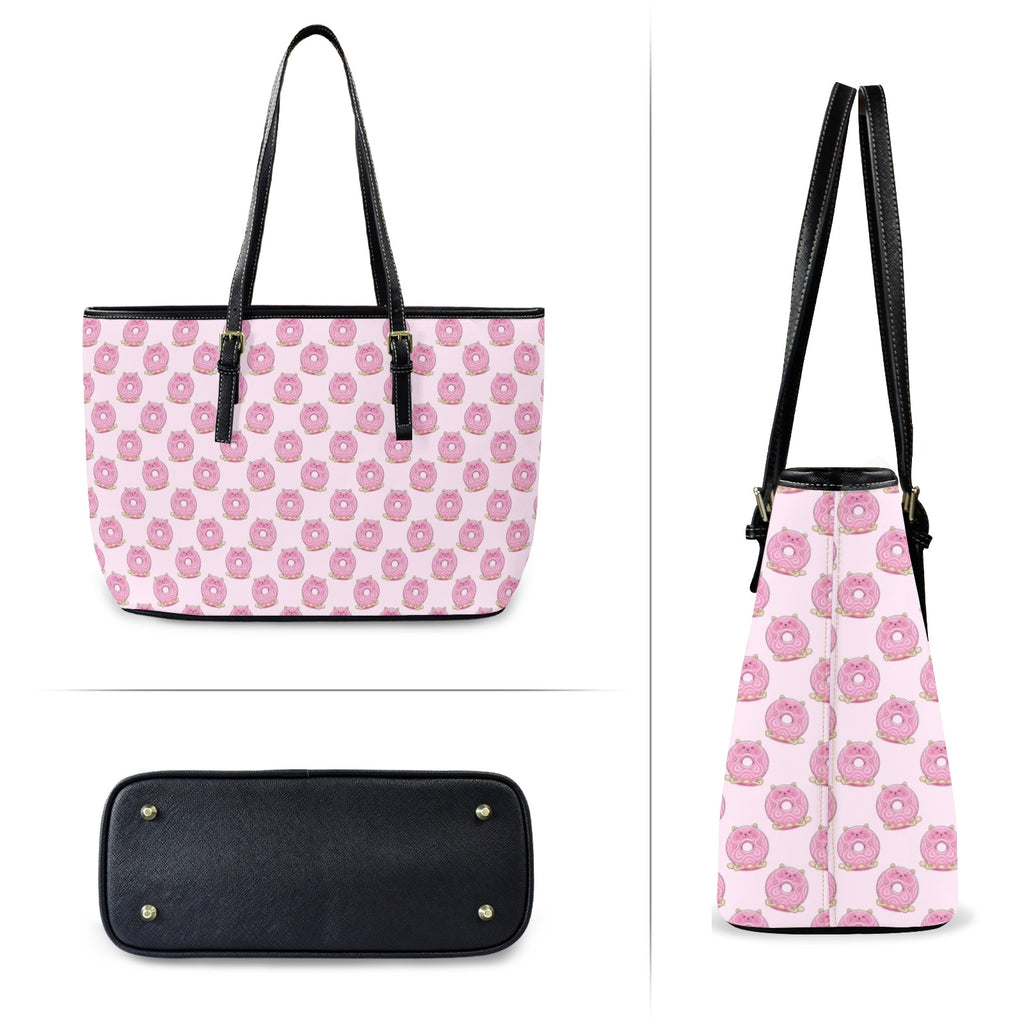 Cat Doughnuts PU Leather Tote Bag Large Leather Tote Bag-Large animal Food Printed Offshore