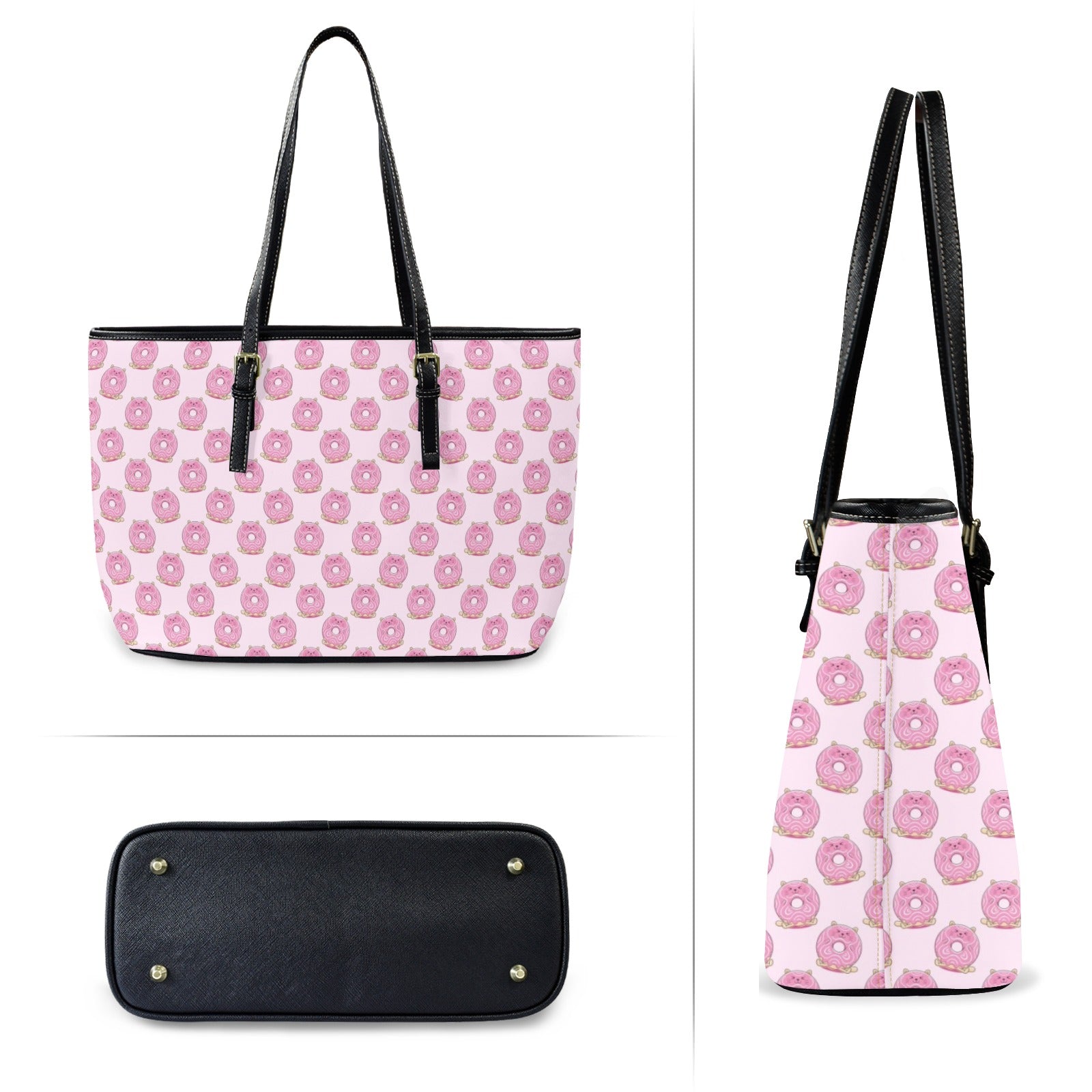 Cat Doughnuts PU Leather Tote Bag Large Leather Tote Bag-Large animal Food Printed Offshore