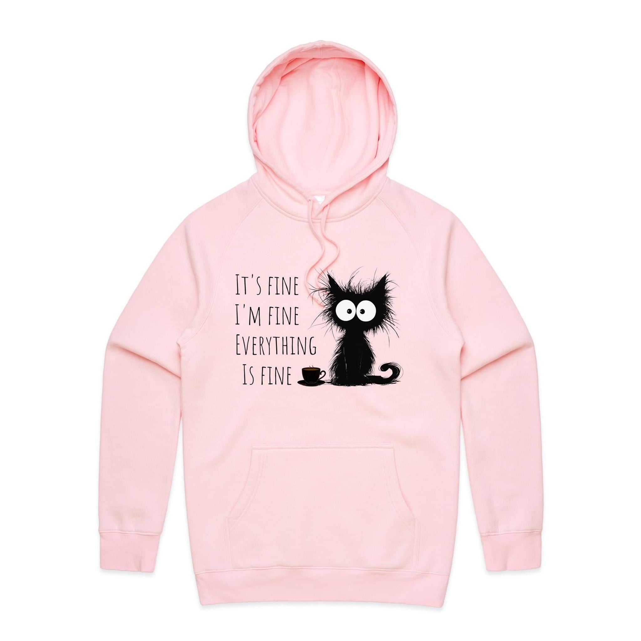 Frazzled Cat, It's Fine, I'm Fine, Everything Is Fine - Mens Hoodie Pink Mens Hoodie animal Printed In Australia