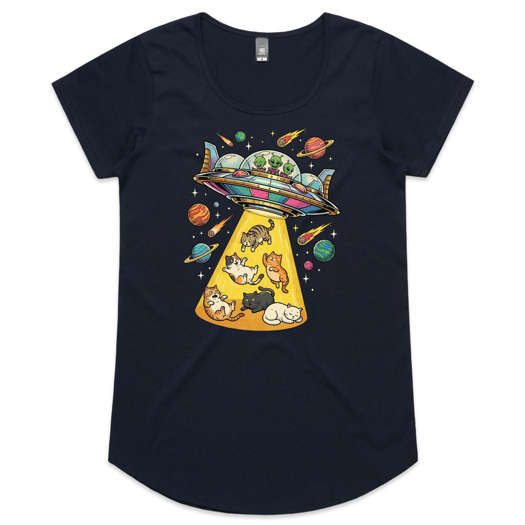 UFO Cat Abduction Women's AS Colour Scoop Neck T-Shirt Navy Womens Scoop Neck T-shirt animal Printed In Australia Sci Fi