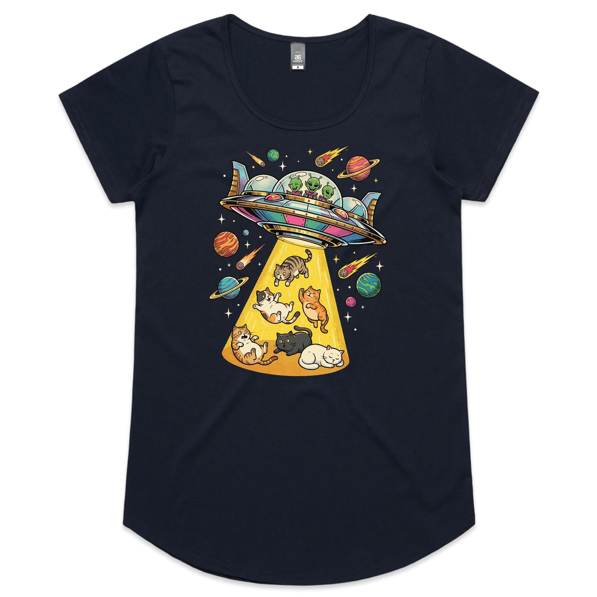 UFO Cat Abduction Women's AS Colour Scoop Neck T-Shirt Navy Womens Scoop Neck T-shirt animal Printed In Australia Sci Fi