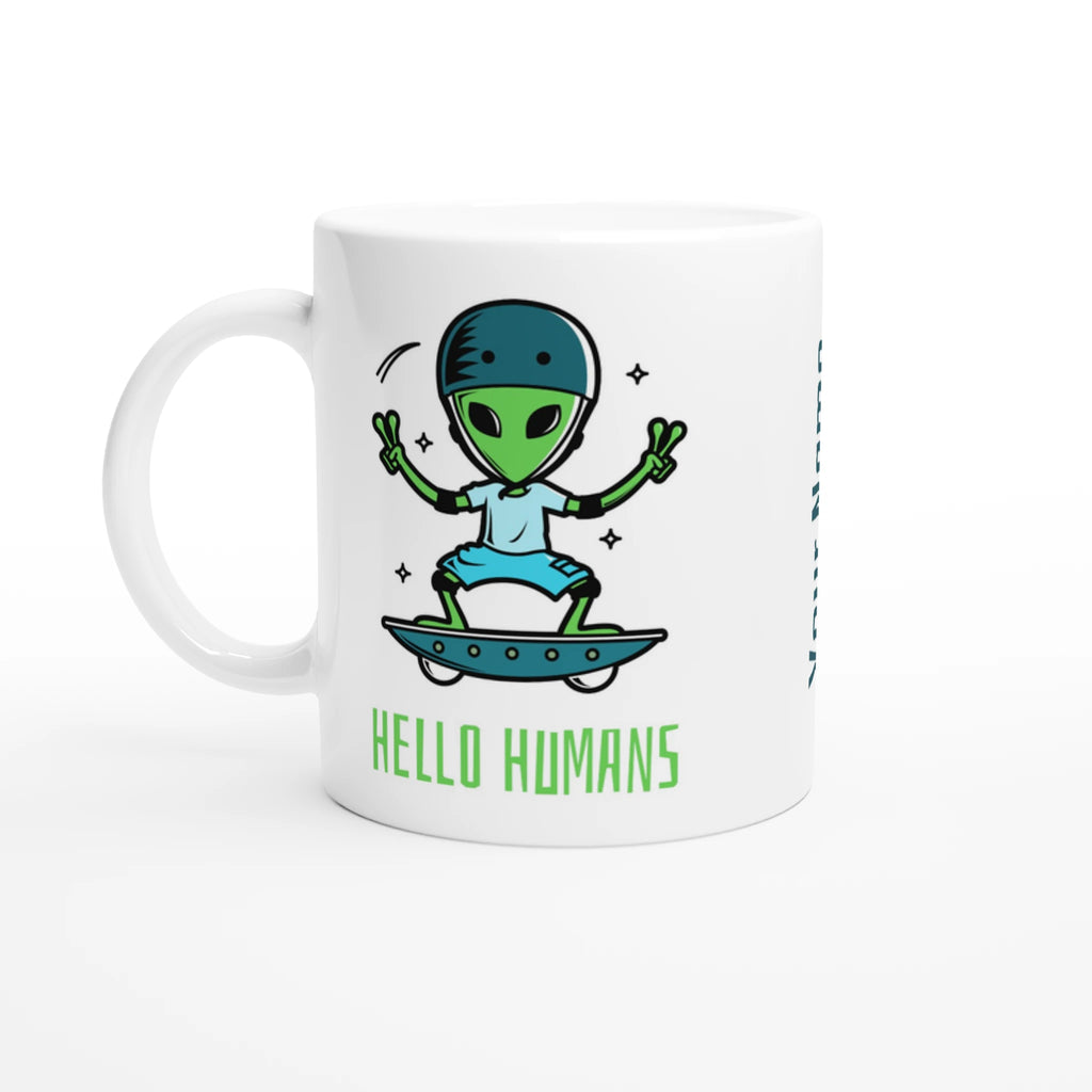 Personalised - Hello Humans - White 11oz Ceramic Mug with Colour Inside Ceramic White Personalised 11oz Mug customise Globally Fulfilled personalise Sci Fi