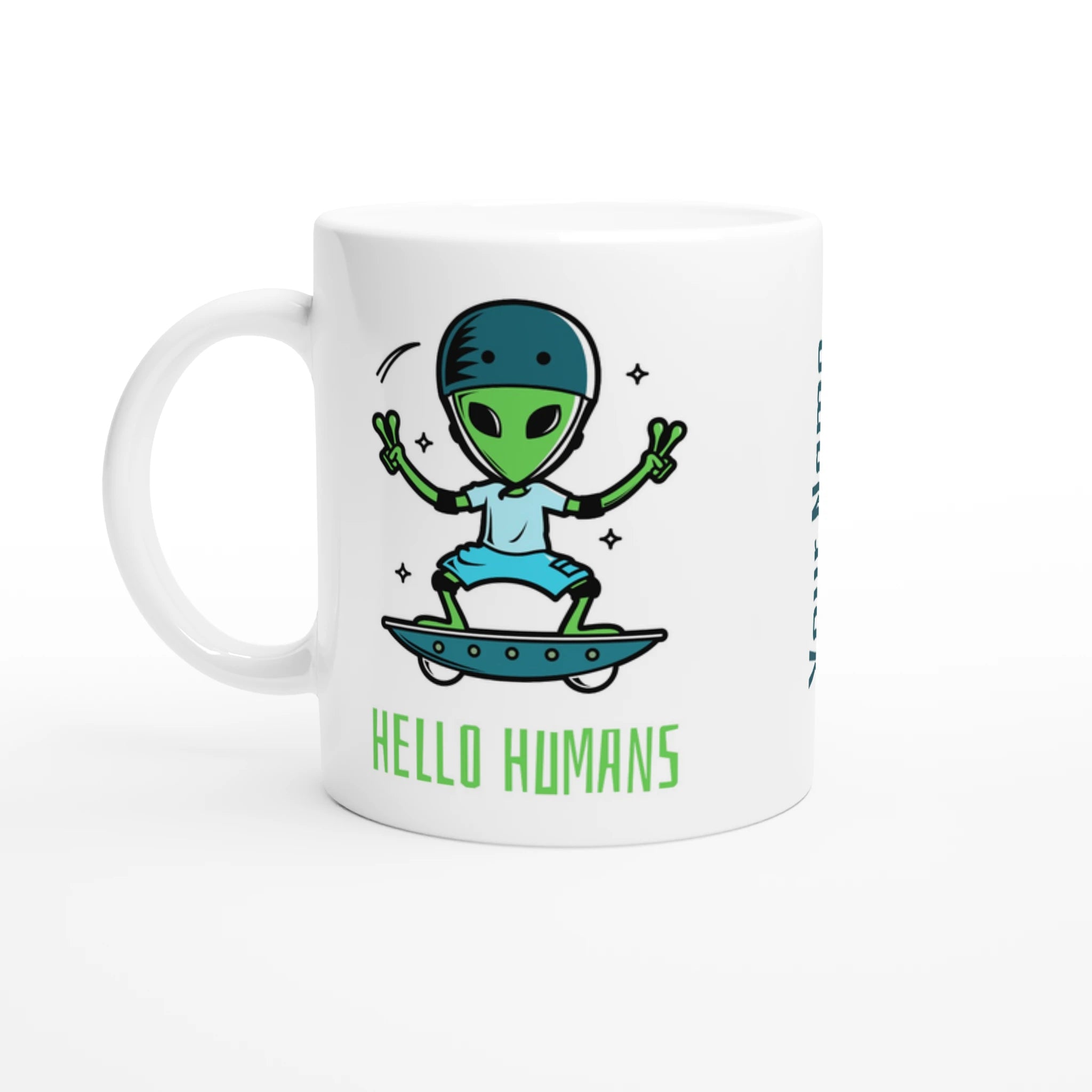 Personalised - Hello Humans - White 11oz Ceramic Mug with Colour Inside Ceramic White Personalised 11oz Mug customise Globally Fulfilled personalise Sci Fi