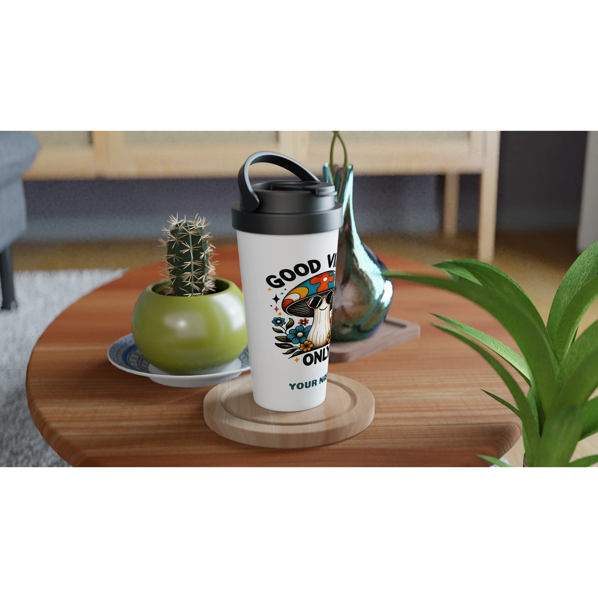 Personalised Good Vibes Only, Hippie Mushroom With Sunglasses White 15oz Stainless Steel Travel Mug Personalised Travel Mug Globally Fulfilled Positivity