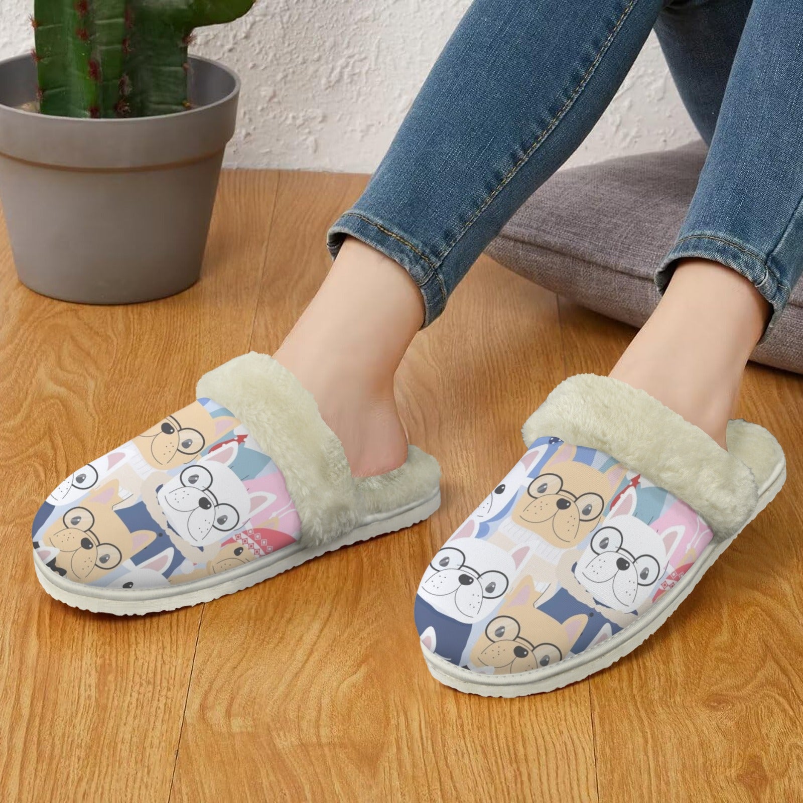 Dog Crowd Women's Fur Trim Thick-Sole Indoor Slippers Women's Fur Trimmed Slippers animal Printed Offshore