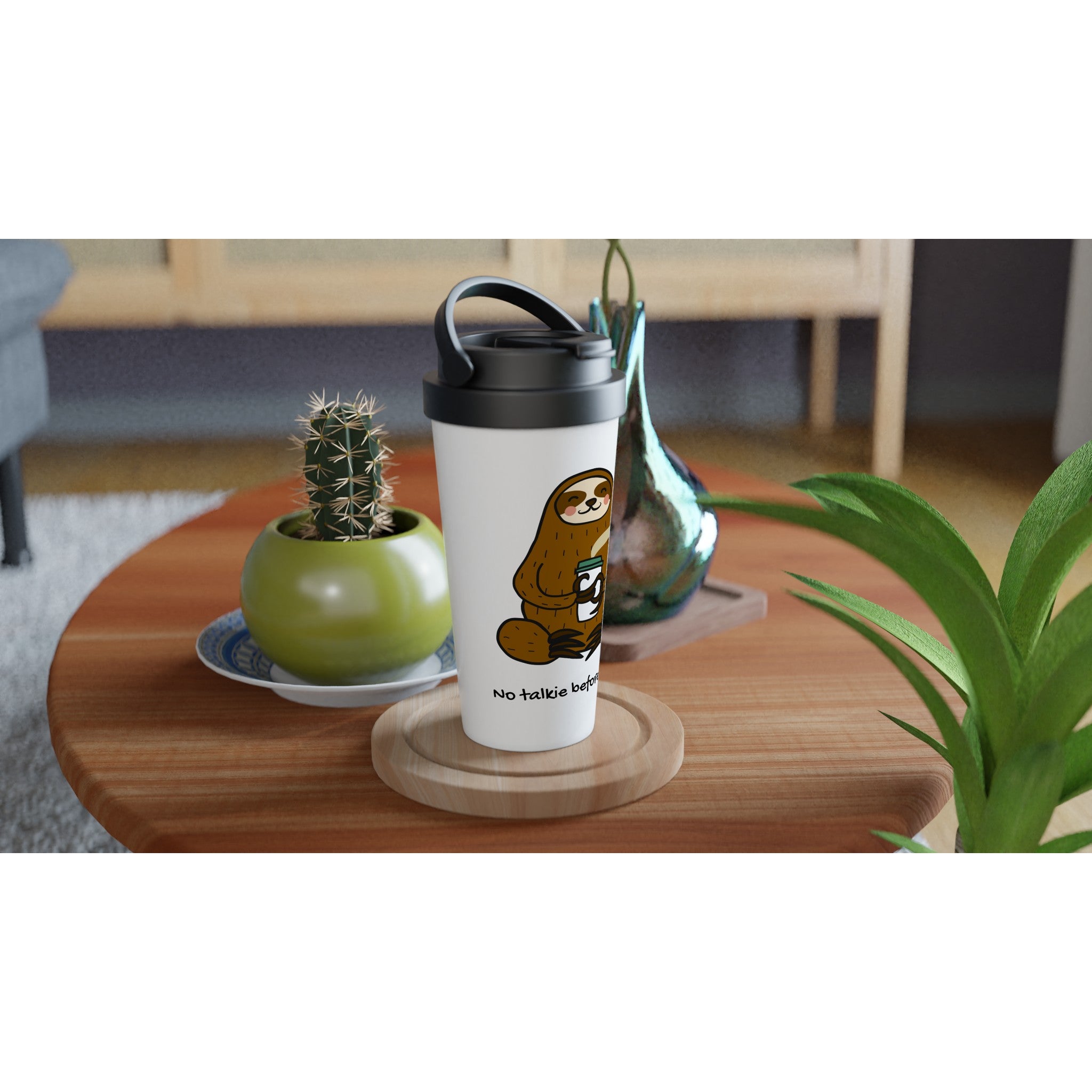 No Talkie Before Coffee, Sloth - White 15oz Stainless Steel Travel Mug Travel Mug animal Coffee Globally Fulfilled