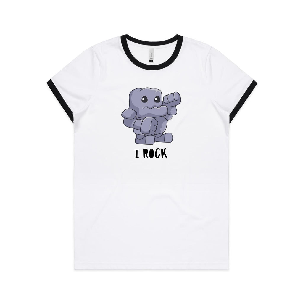 I Rock - Women's Ringer Tee White Black Womens Ringer T-shirt Music Printed In Australia