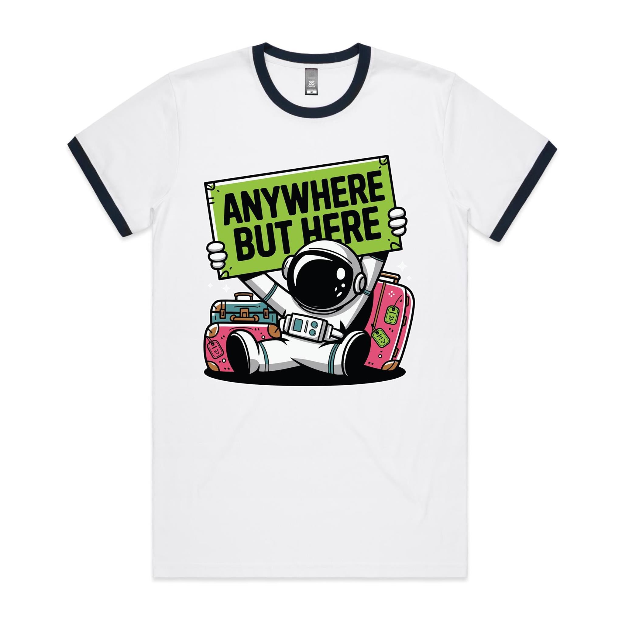 Astronaut, Anywhere But Here - Staple Ringer Tee White Navy Ringer T-Shirt Printed In Australia Space