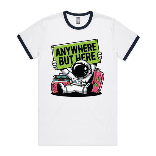 Astronaut, Anywhere But Here - Staple Ringer Tee White Navy Ringer T-Shirt Printed In Australia Space