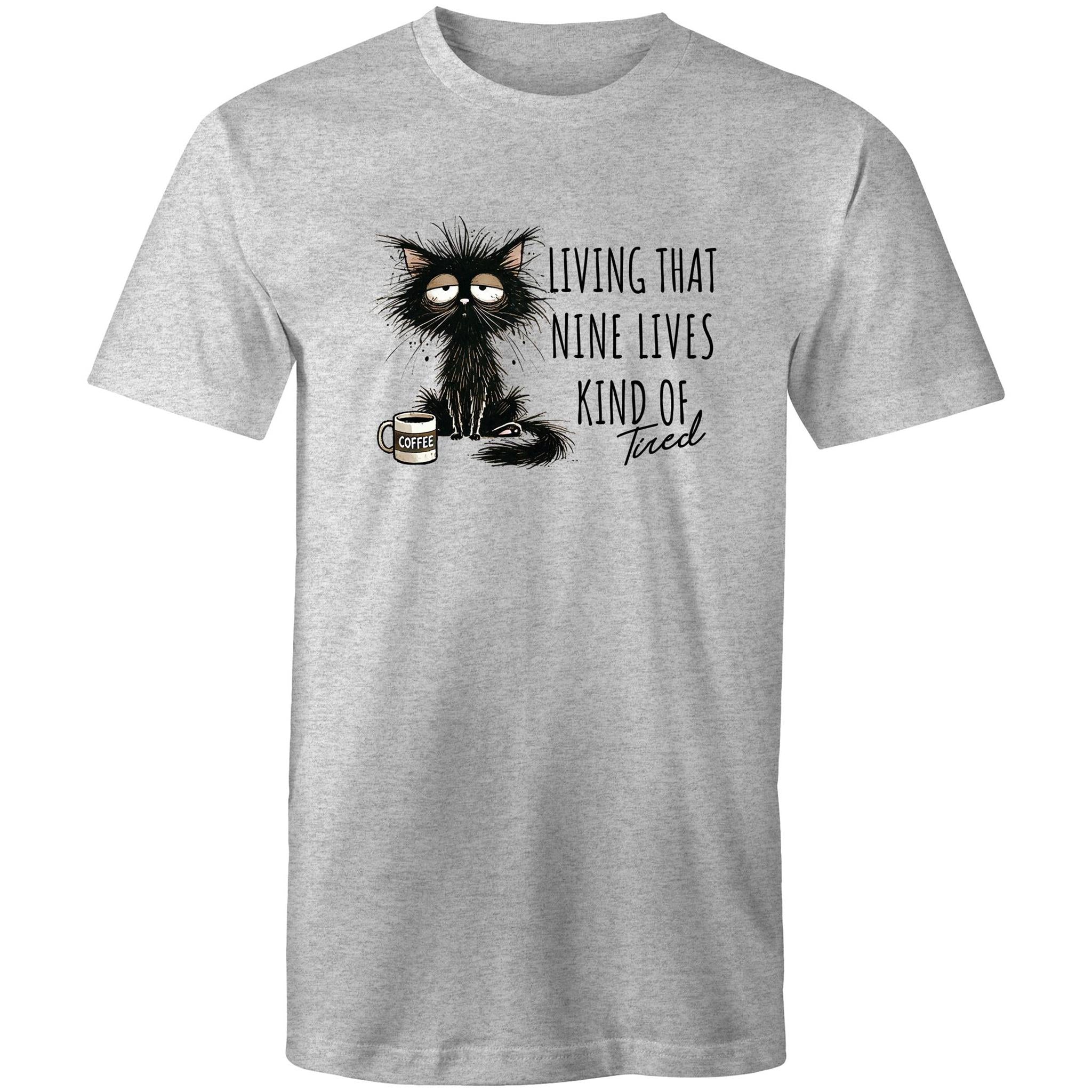 Living That Nine Lives Kind Of Tired, Frazzled Cat - Mens T-Shirt Grey Marle Mens T-shirt animal Coffee Printed In Australia