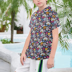 Graphic Flowers On Black Senior Kids Hawaiian Shirt