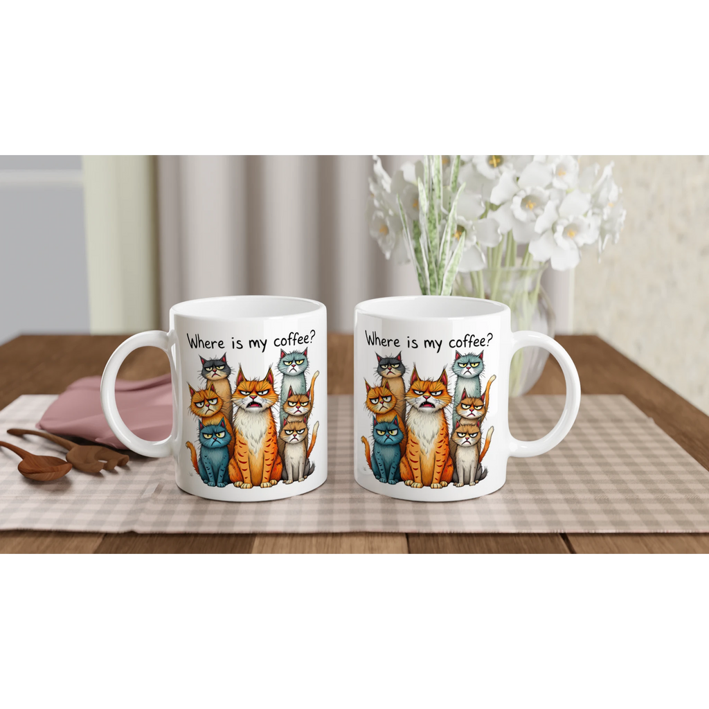 Where Is My Coffee, Cranky Cats - White 11oz Ceramic Mug White 11oz Mug animal Coffee Globally Fulfilled