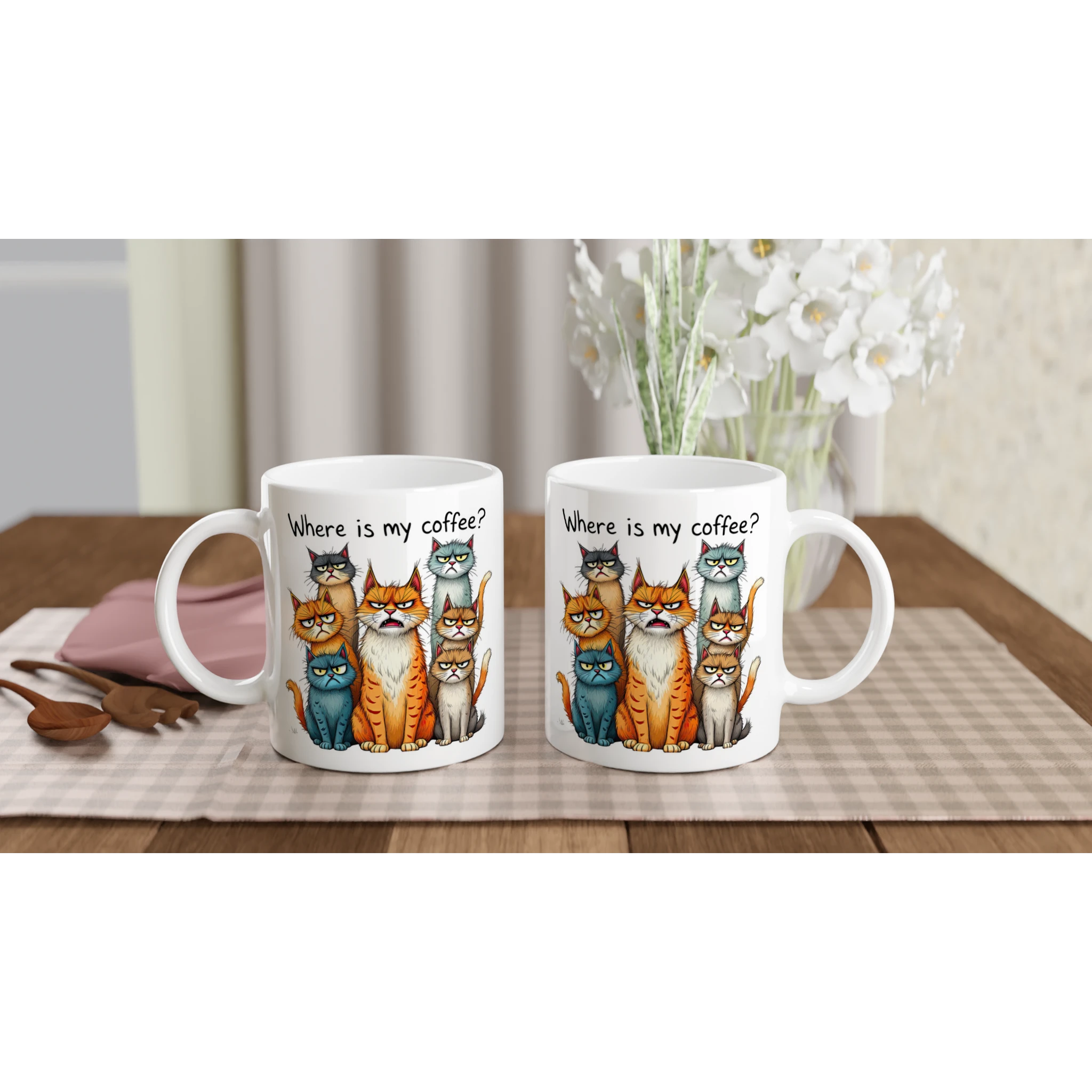 Where Is My Coffee, Cranky Cats - White 11oz Ceramic Mug White 11oz Mug animal Coffee Globally Fulfilled