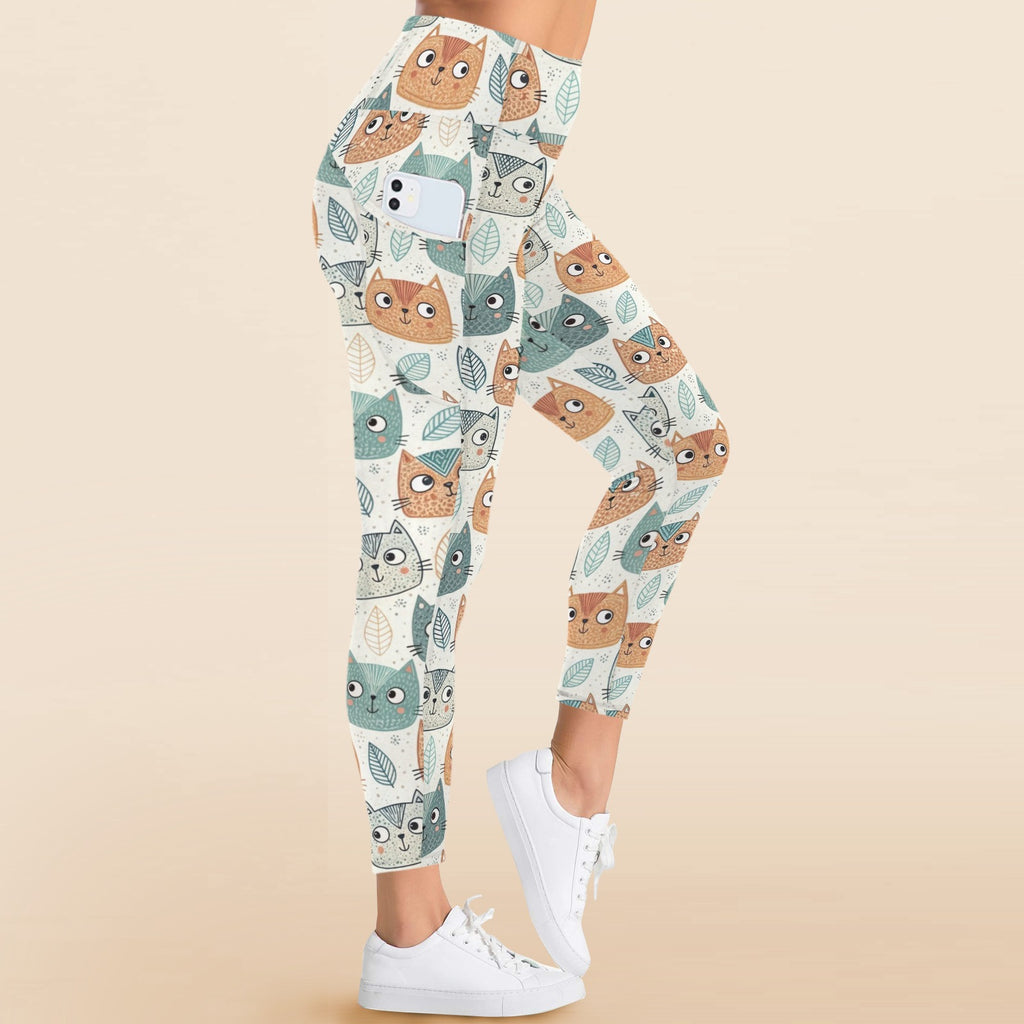 Cute Cat Faces - Women's High Waist Pockets Yoga Leggings