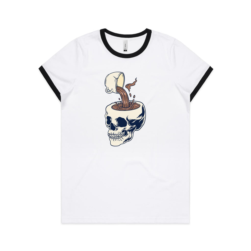 Coffee Skull - Women's Ringer Tee White Black Womens Ringer T-shirt Coffee Printed In Australia