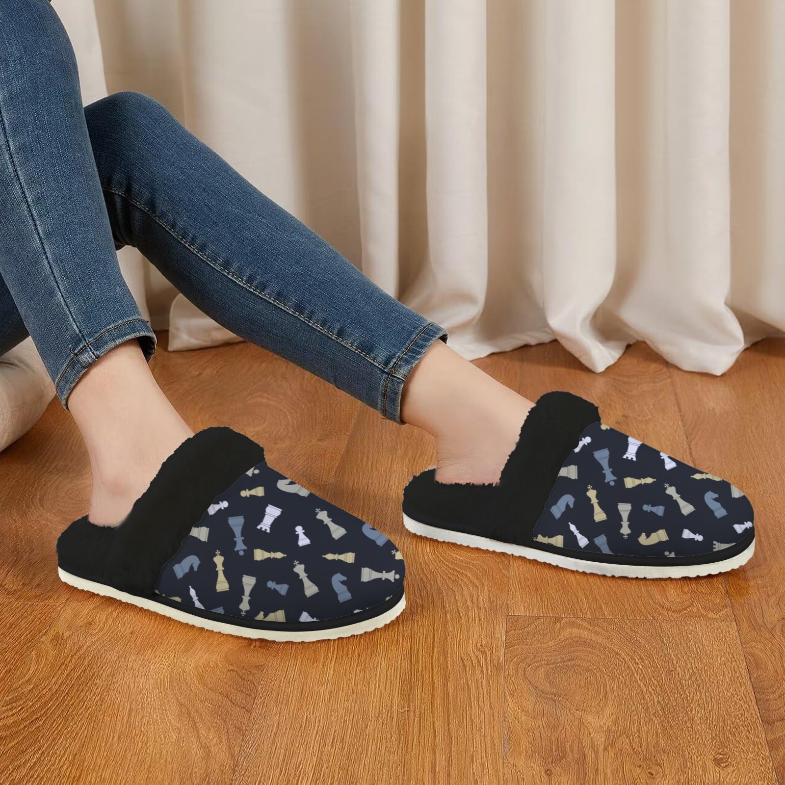 Chess Pattern Women's Fur Trim Thick-Sole Indoor Slippers Women's Fur Trimmed Slippers Chess Games Printed Offshore