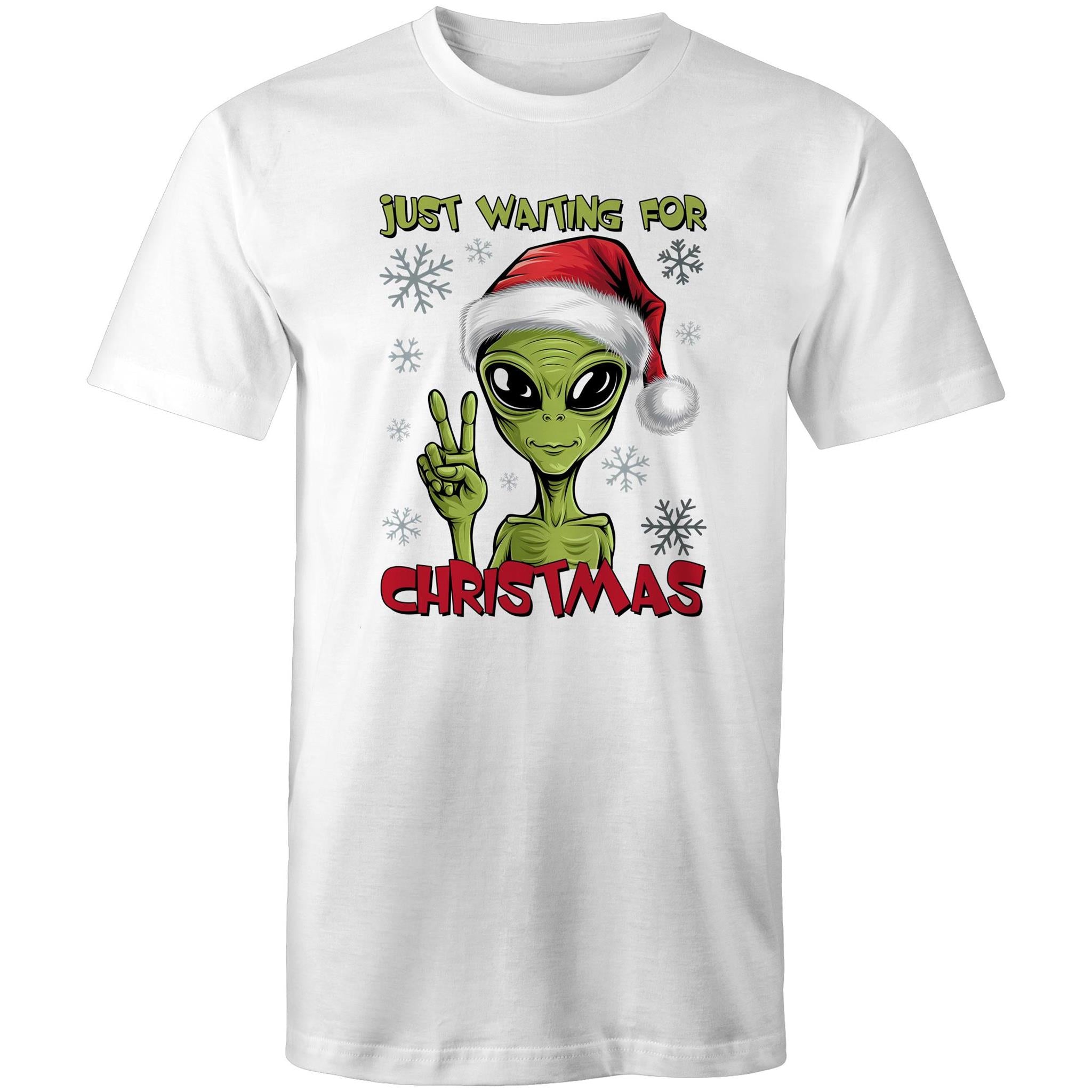 Just Waiting For Christmas, Alien - Mens T-Shirt White Mens Christmas T-shirt Christmas Printed In Australia