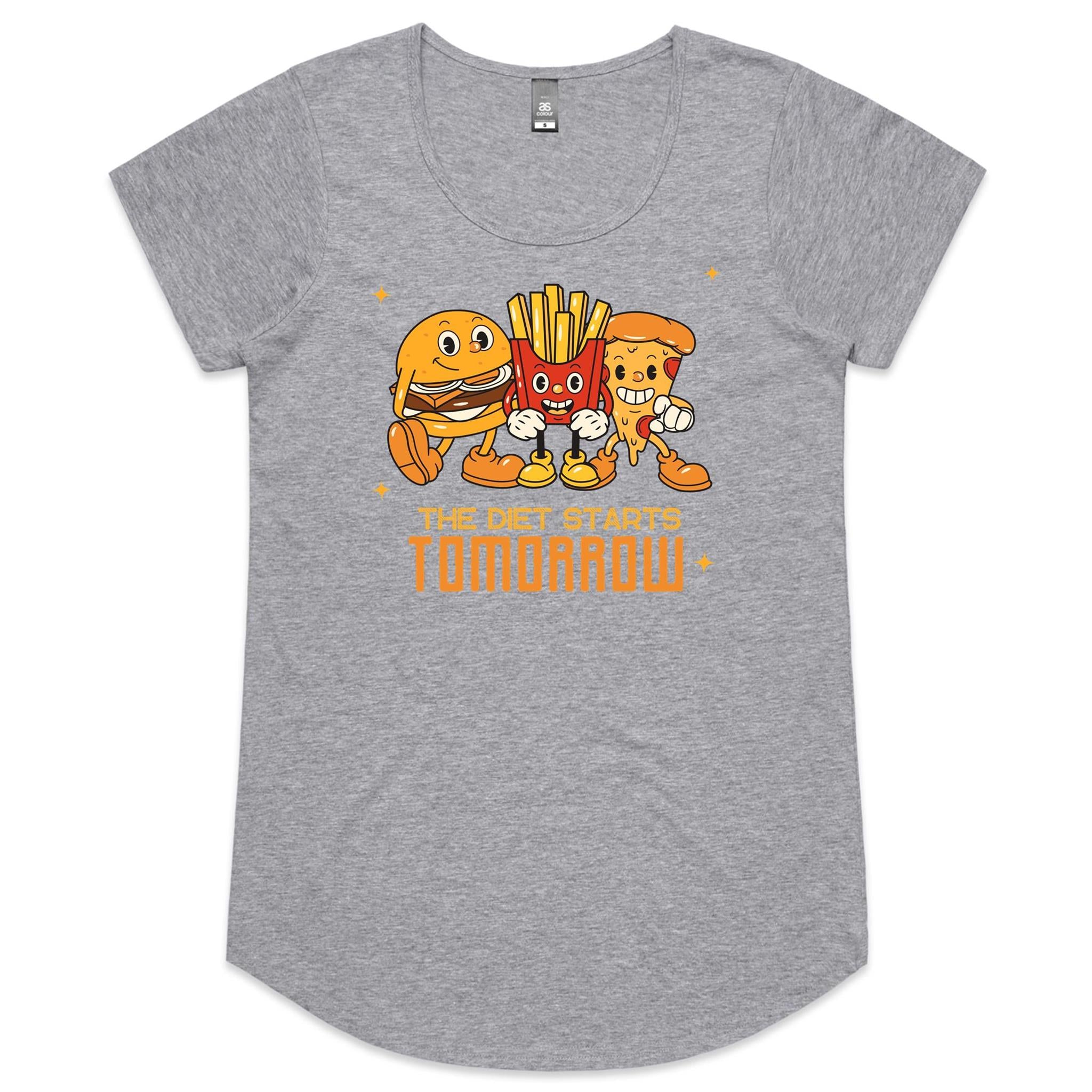 The Diet Starts Tomorrow, Hamburger, Pizza, Fries - Womens Scoop Neck T-Shirt Grey Marle Womens Scoop Neck T-shirt Food Printed In Australia