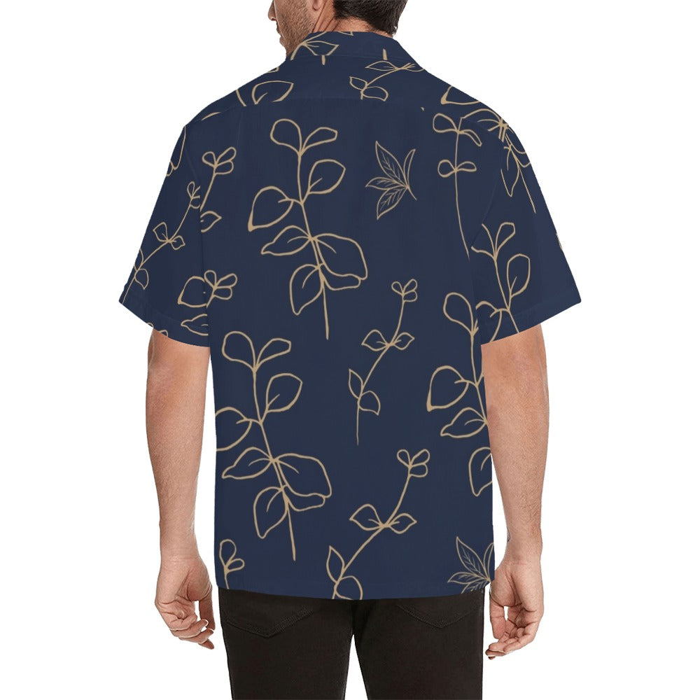 Gold Flowers On Navy - Mens Hawaiian Shirt