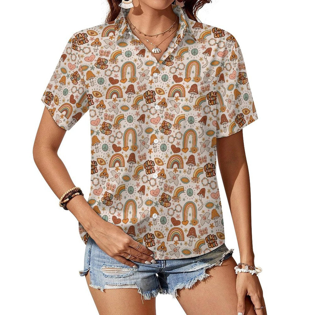 Peace And Love Women's Short-Sleeve Button Up Shirt white Women's Short-Sleeve Button Up Shirt Printed Offshore Retro