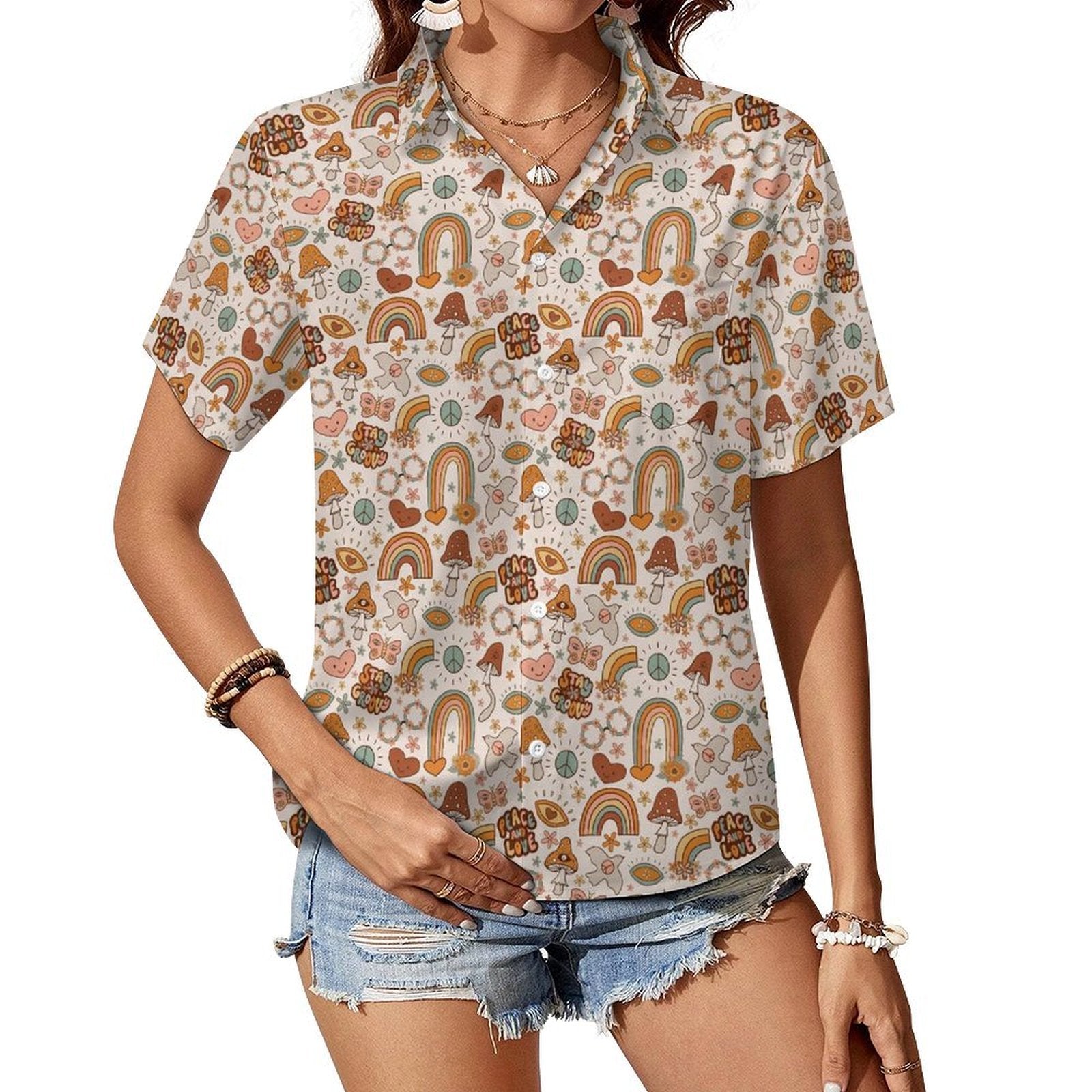Peace And Love Women's Short-Sleeve Button Up Shirt white Women's Short-Sleeve Button Up Shirt Printed Offshore Retro