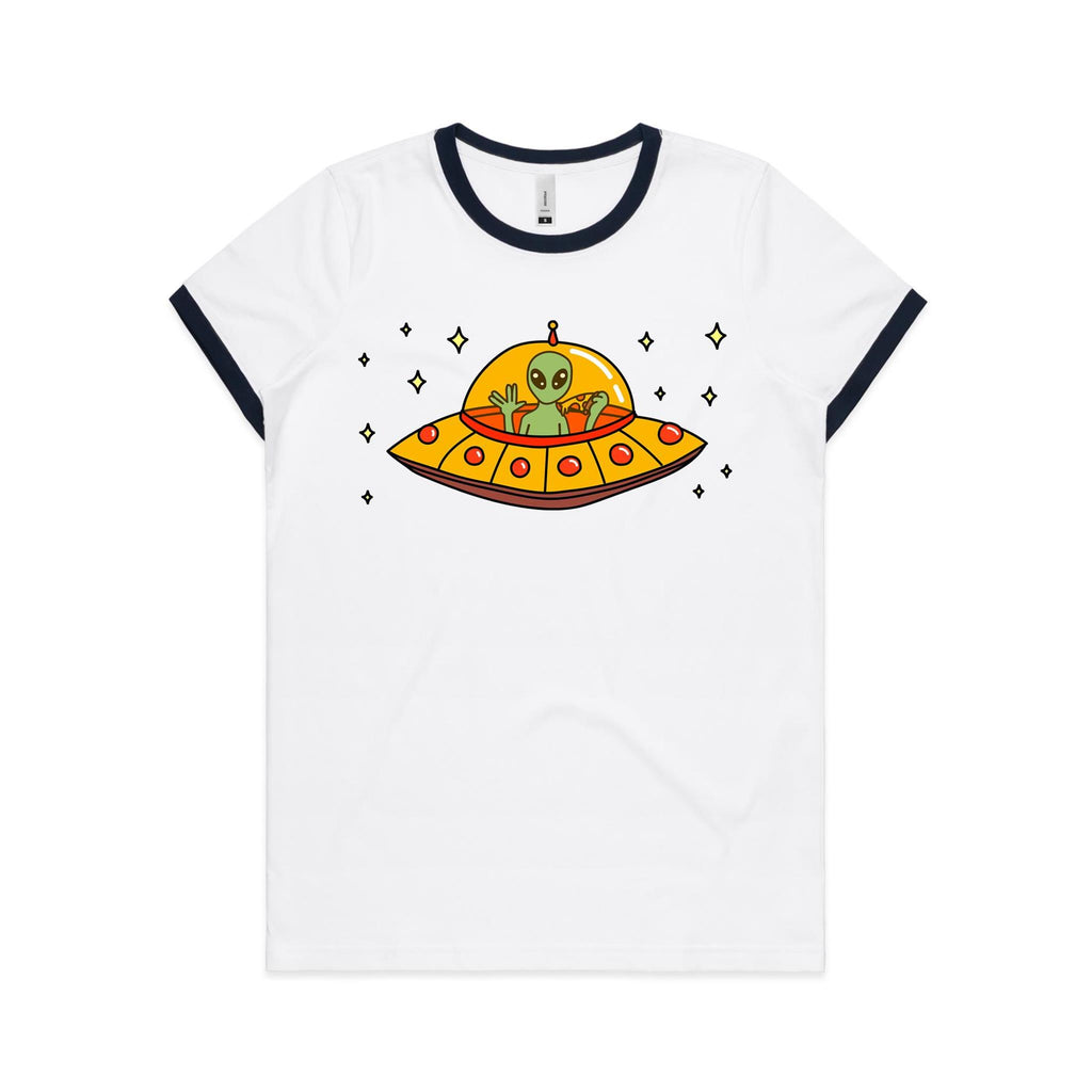 Alien Pizza - Women's Ringer Tee White Navy Womens Ringer T-shirt Food Printed In Australia Sci Fi