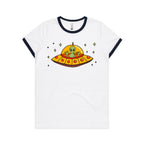 Alien Pizza - Women's Ringer Tee White Navy Womens Ringer T-shirt Food Printed In Australia Sci Fi