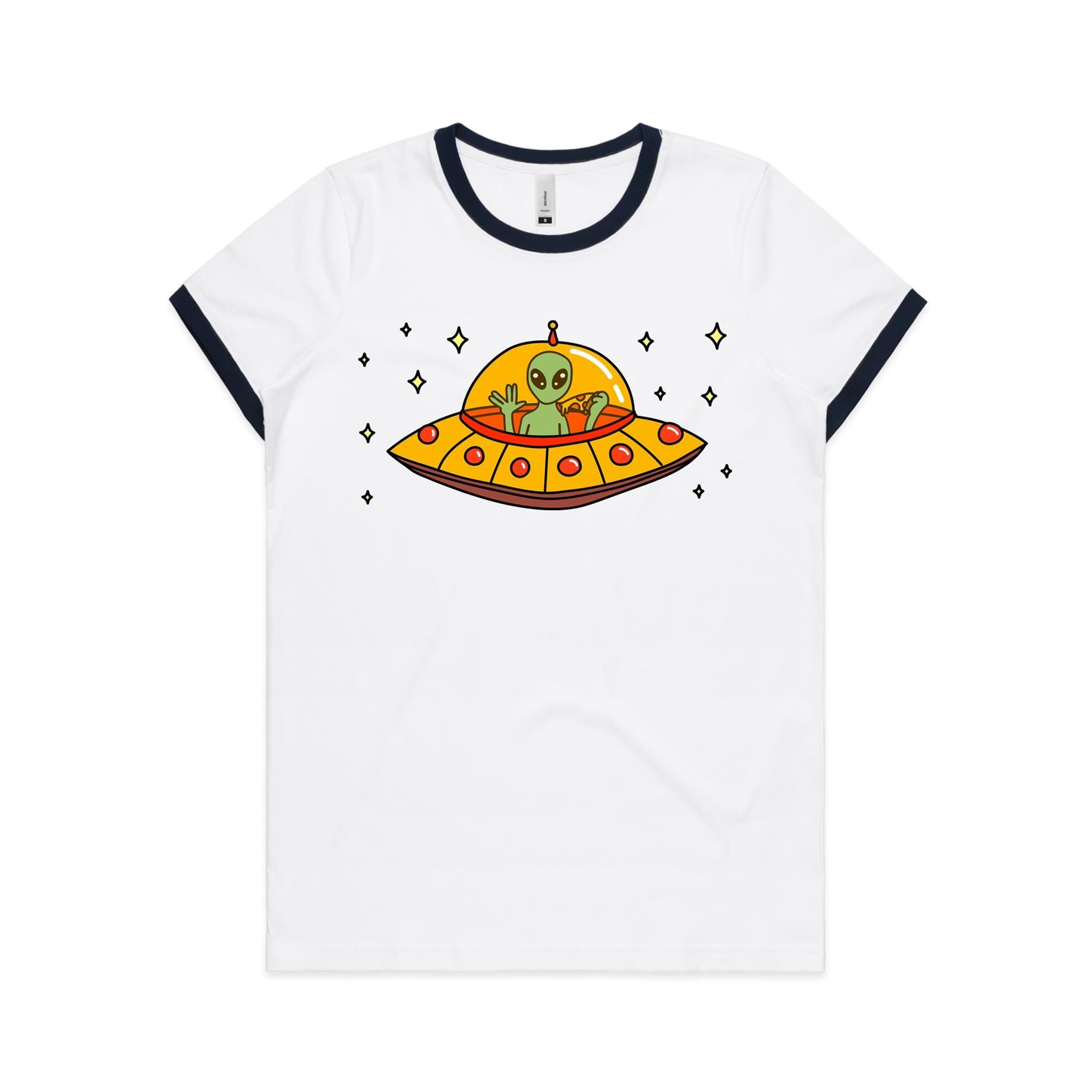 Alien Pizza - Women's Ringer Tee White Navy Womens Ringer T-shirt Food Printed In Australia Sci Fi