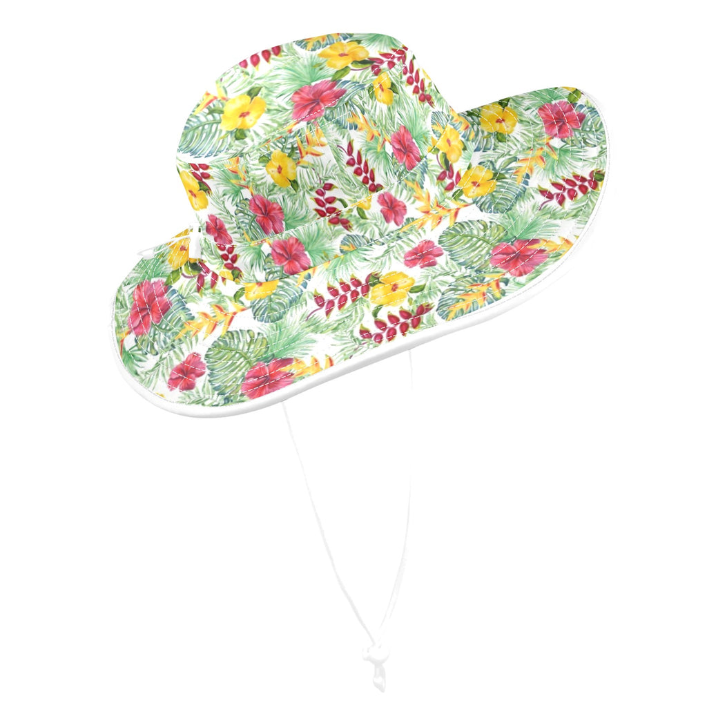 Tropical Flowers On White Wide Brim Bucket Hat Wide Brim Bucket Hat Plants Printed Offshore