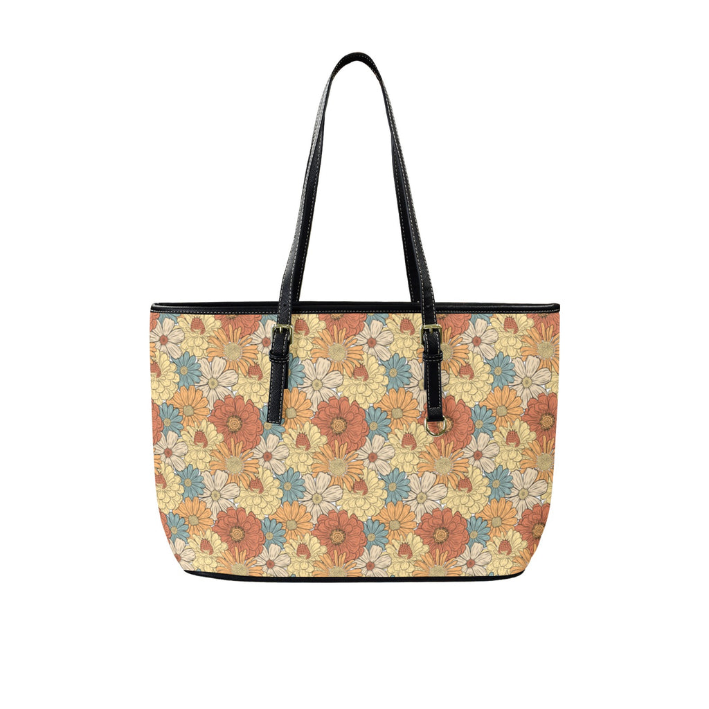 Vintage Retro Floral PU Leather Tote Bag Large One Size Leather Tote Bag-Large Plants Printed Offshore