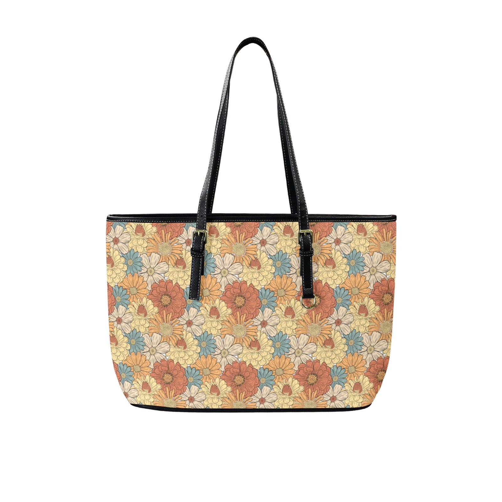 Vintage Retro Floral - PU Leather Tote Bag - Large