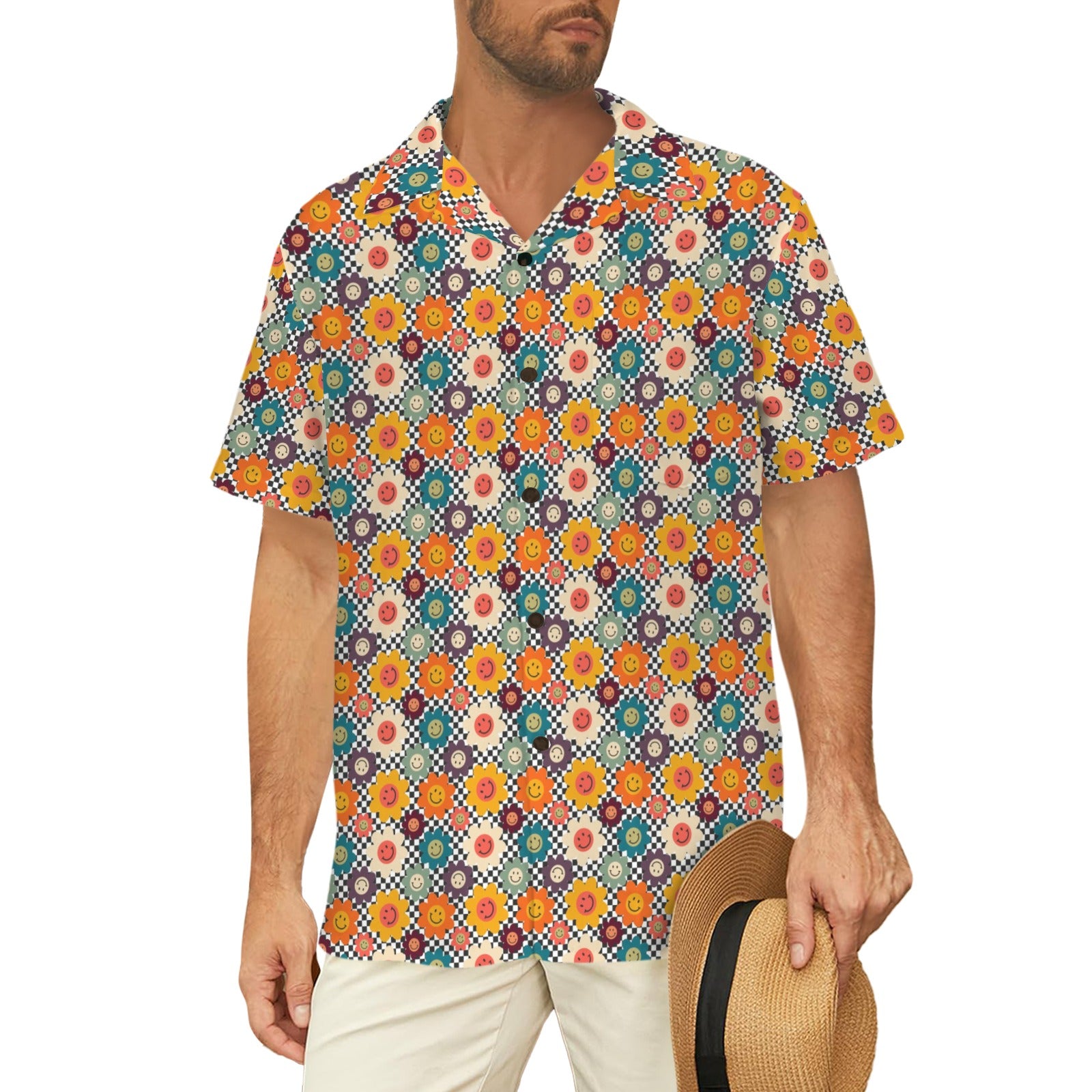 Happy Retro Flowers Men's Short Sleeve Hawaiian Shirt Men's Hawaiian Shirt (New) Printed Offshore Retro