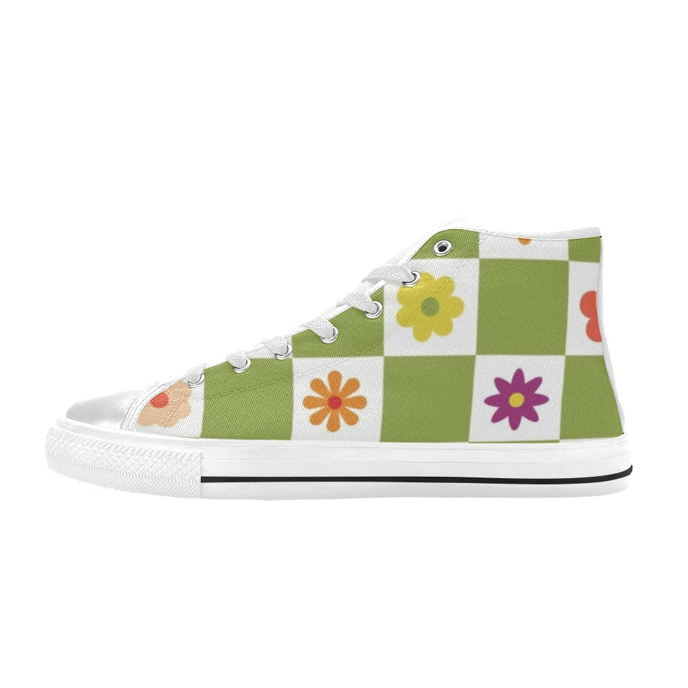 Flower Check Kids High Top Canvas Shoes US6Y Kids High Top Canvas Shoes Plants Printed Offshore