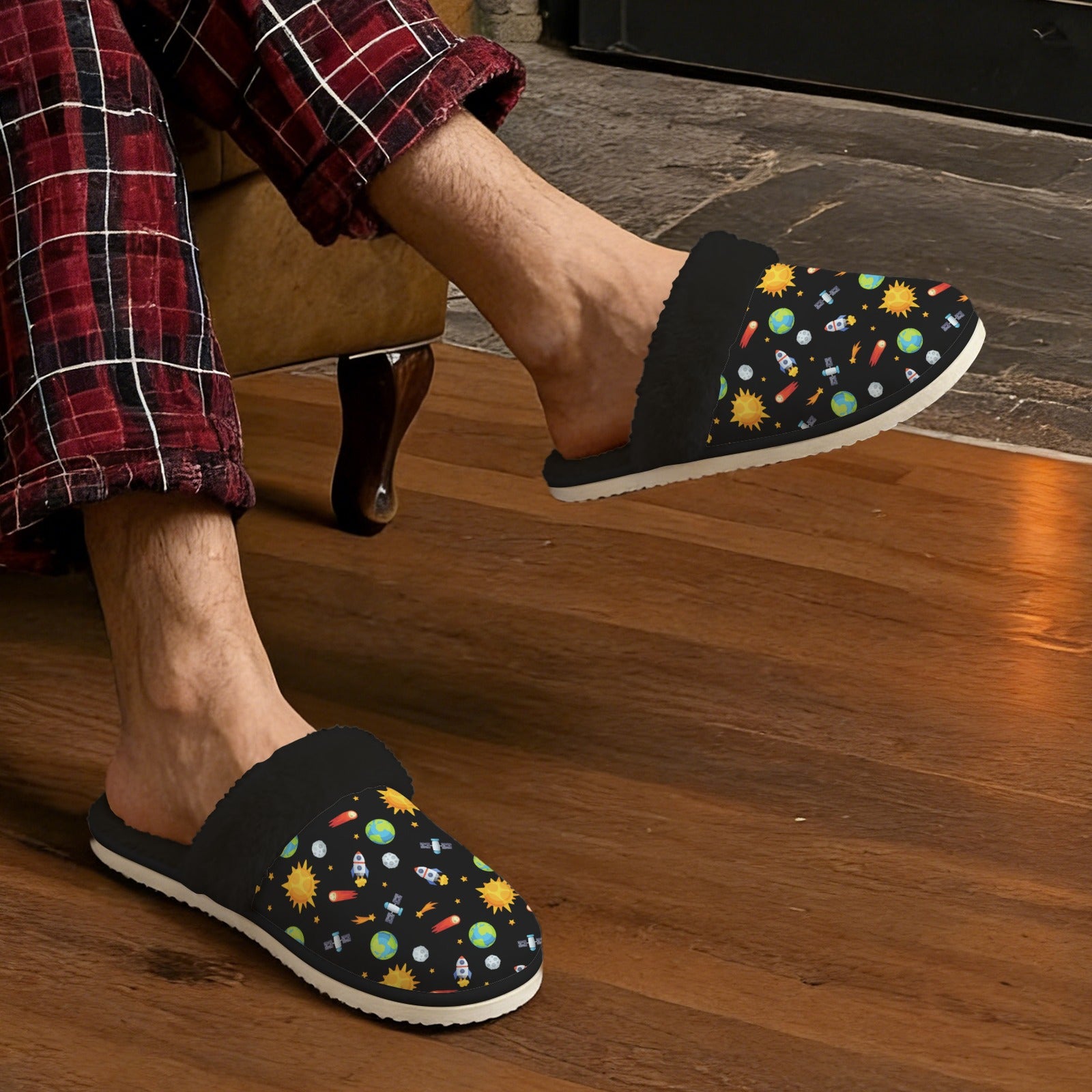 Busy Space Men's Fur Trim Thick-Sole Indoor Slippers Men's Fur Trimmed Slippers Printed Offshore Space