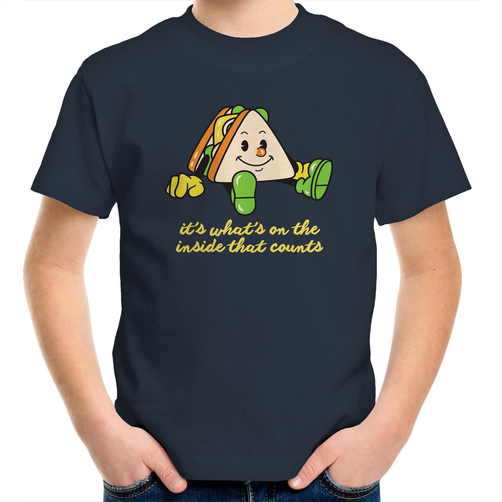 Sandwich, It's What's On The Inside That Counts - Kids Youth T-Shirt Navy Kids Youth T-shirt Food Positivity Printed In Australia