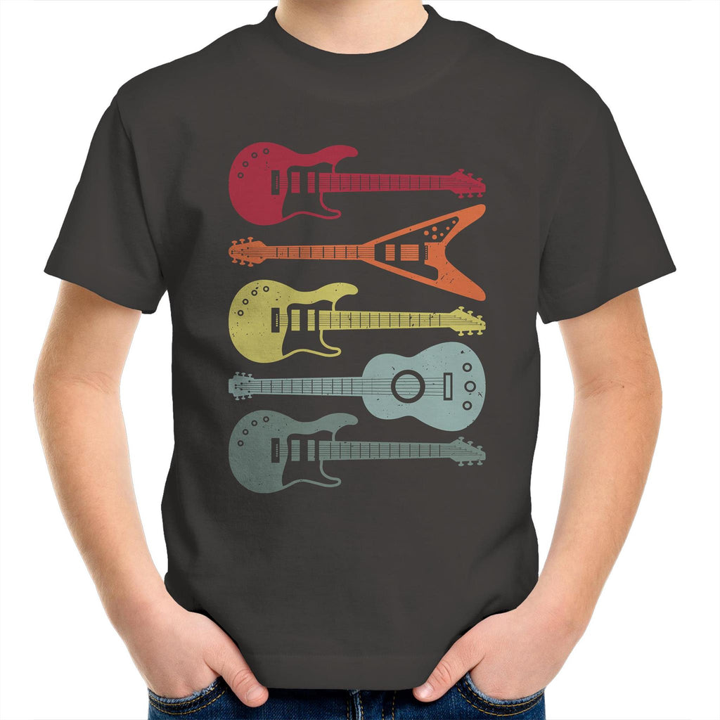 Retro Guitars - Kids Youth T-Shirt Charcoal Kids Youth T-shirt Music Printed In Australia