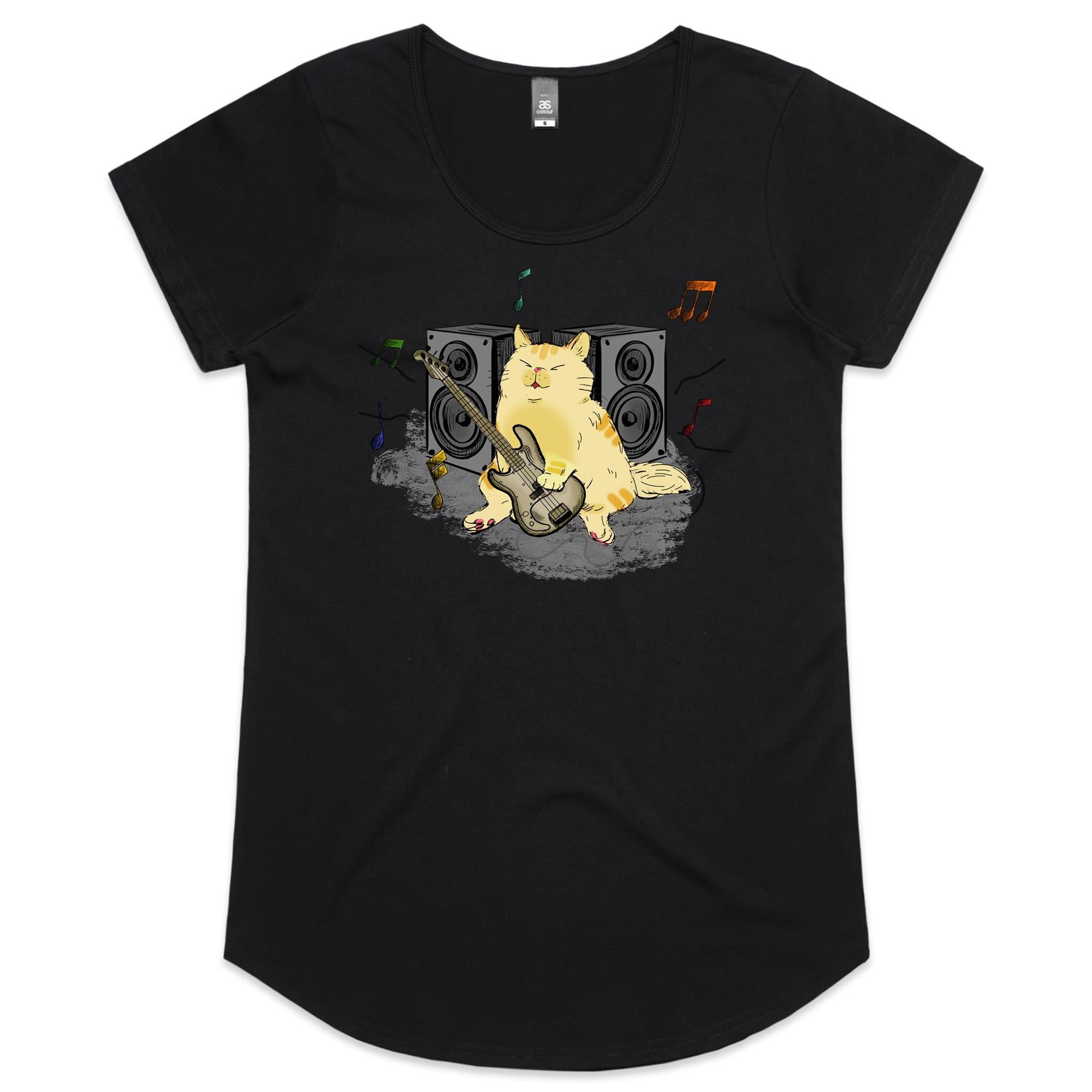 Cat Bass Player - Womens Scoop Neck T-Shirt Black Womens Scoop Neck T-shirt animal Music Printed In Australia