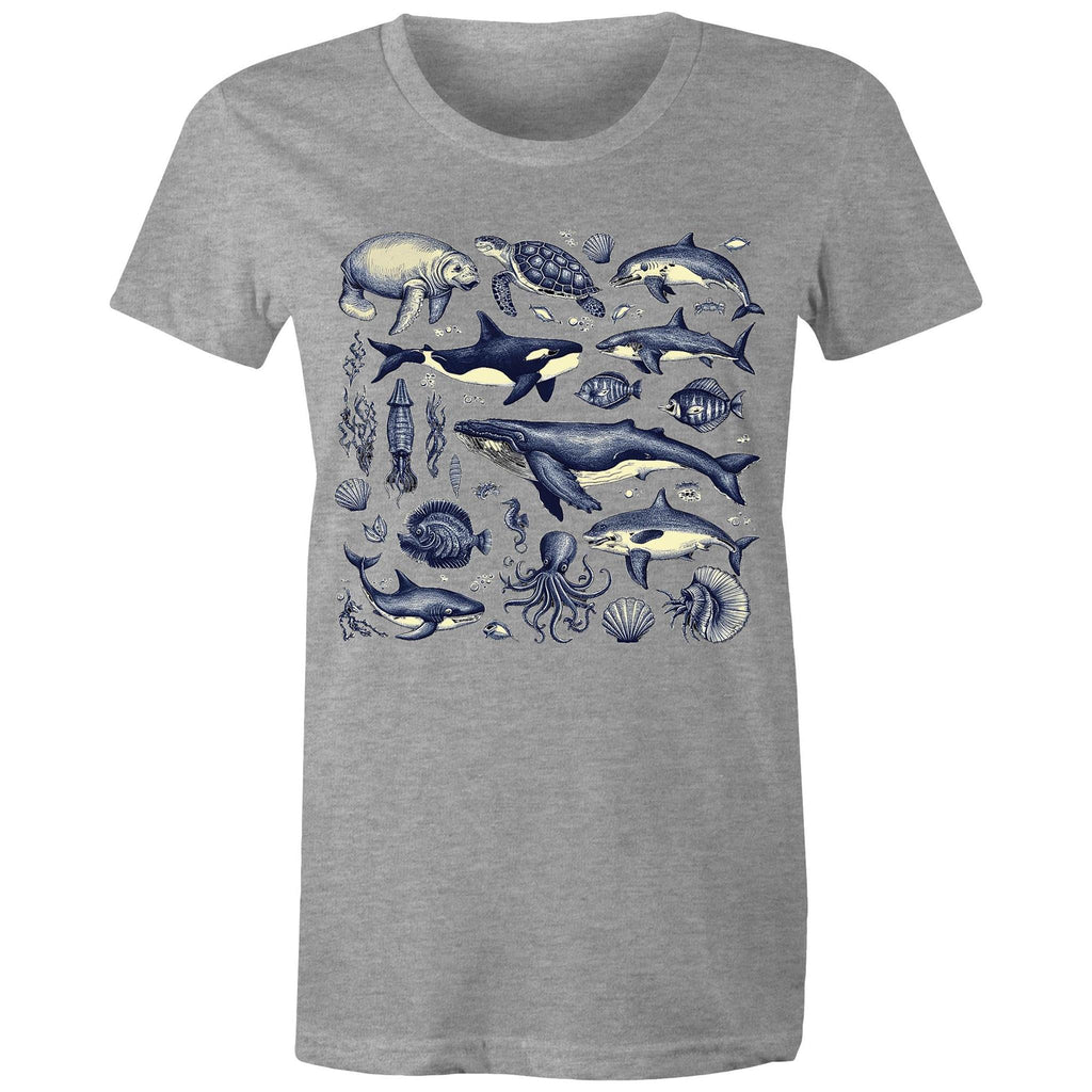 Sea Creatures - Womens T-shirt Grey Marle Womens T-shirt animal Printed In Australia