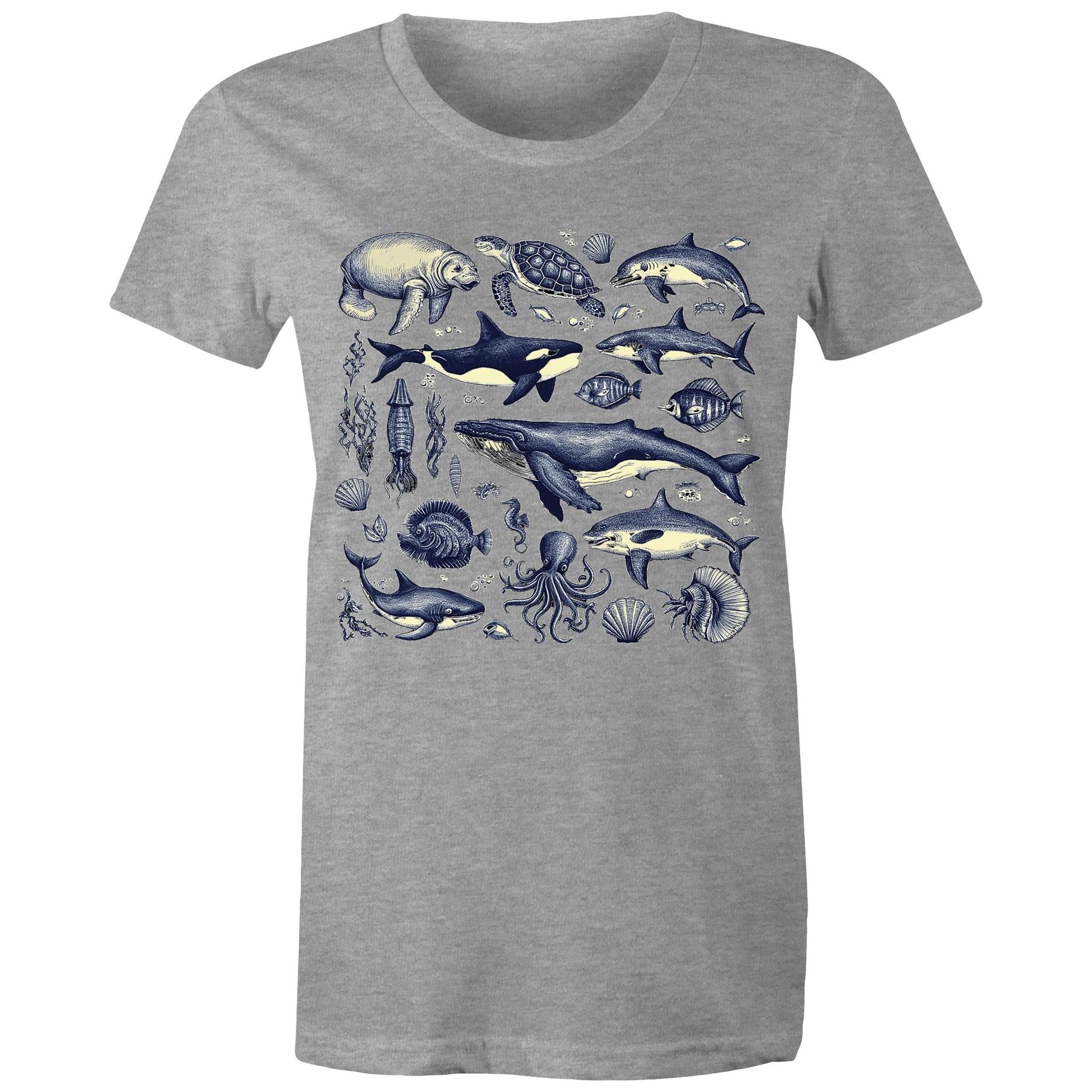 Sea Creatures - Womens T-shirt Grey Marle Womens T-shirt animal Printed In Australia