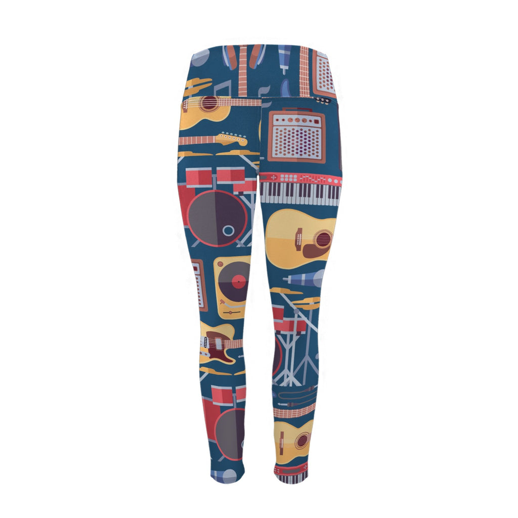 Music Instruments Blue - Women's High Waist Pockets Yoga Leggings